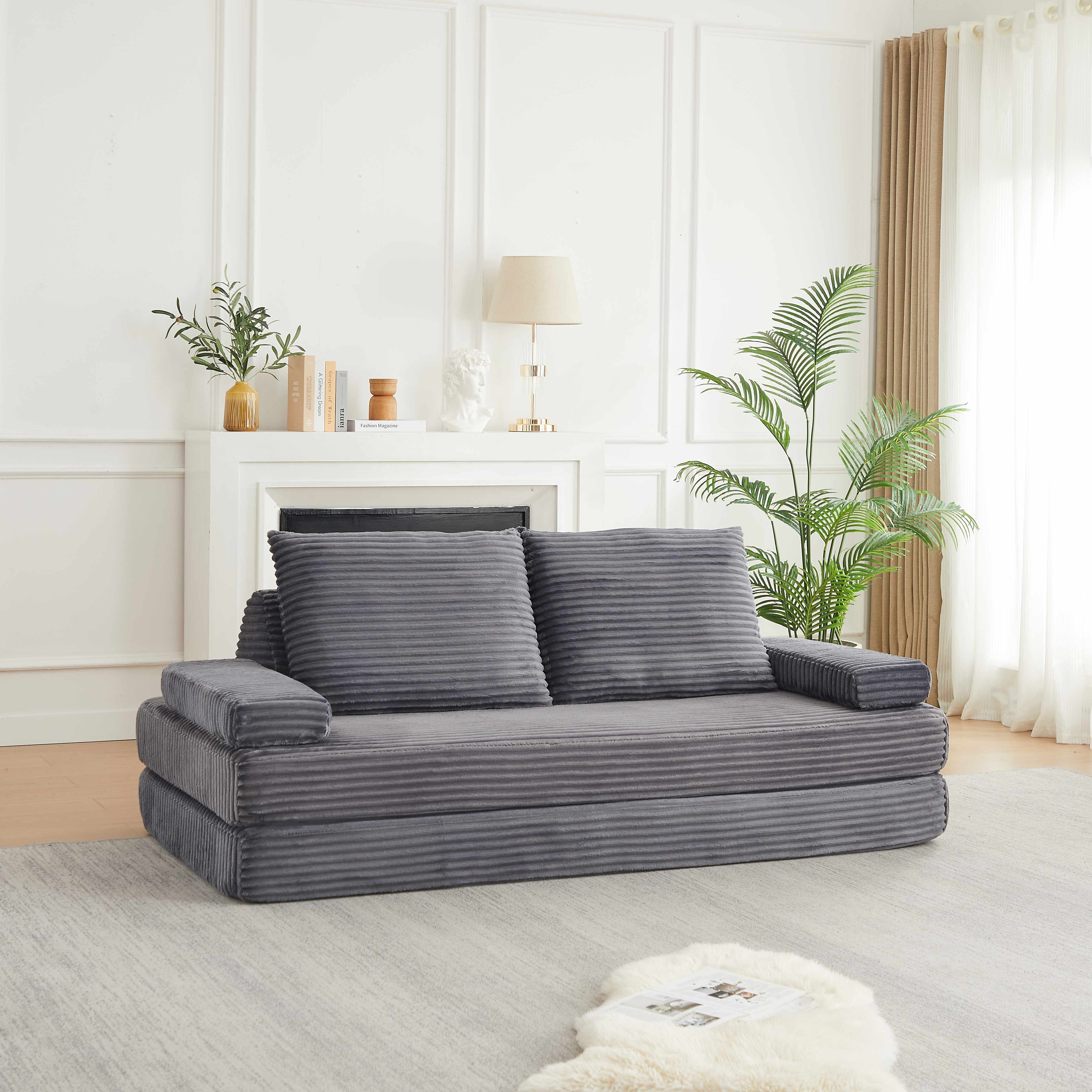 Canapé-lit Modulable Gris Corduroy 211x106cm, Structure Mousse Sans Pieds, Dossiers Triangulaires Amovibles et Accoudoirs Déplaçables pour Salon Moderne
