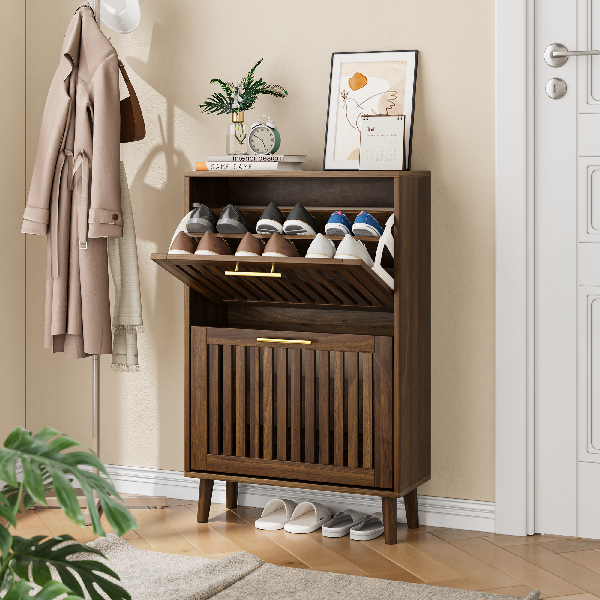 Meuble à chaussures 60x24x93 cm, design moderne avec 2 tiroirs abattants, rangement optimisé pour entrée, finition noyer
