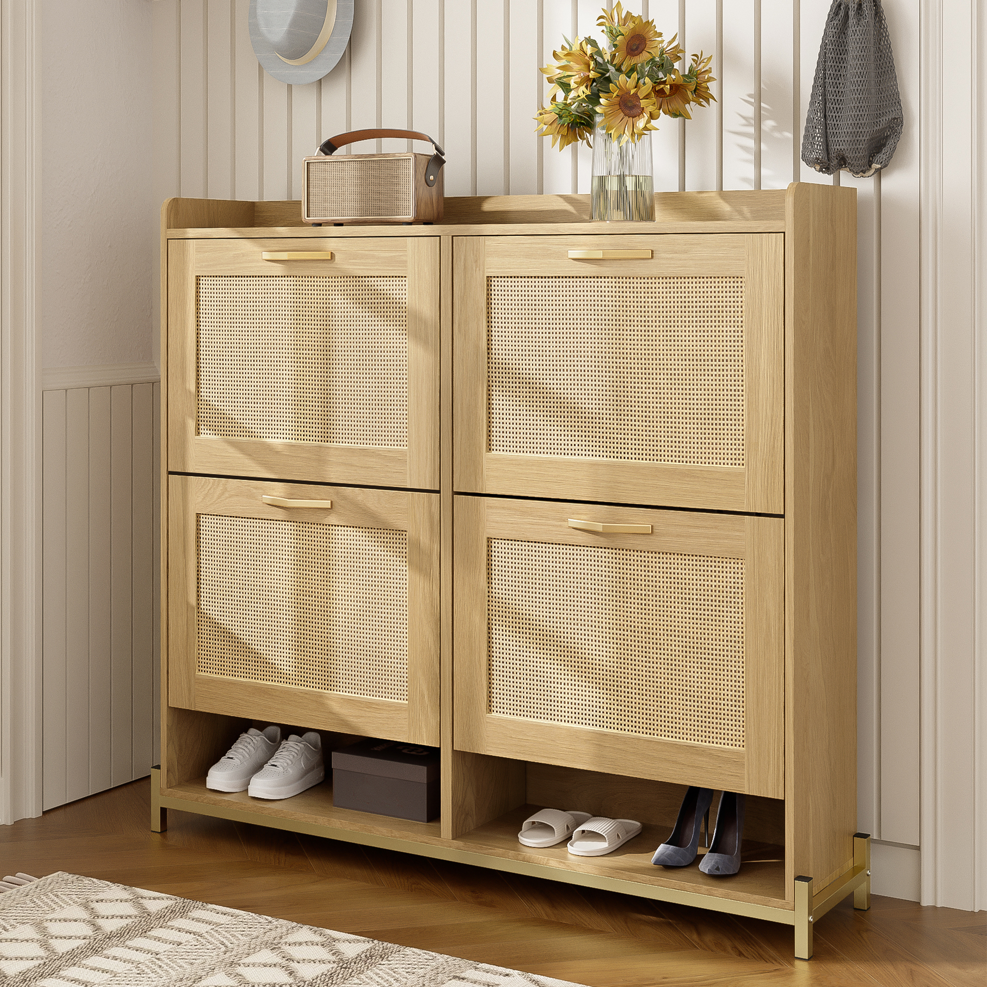 Meuble à chaussures 4 portes, 108,5x24x100 cm, Armoire hall d'entrée en Panneau composite de fibres de bois à densité et métal, couleur chêne clair avec étagère supérieure