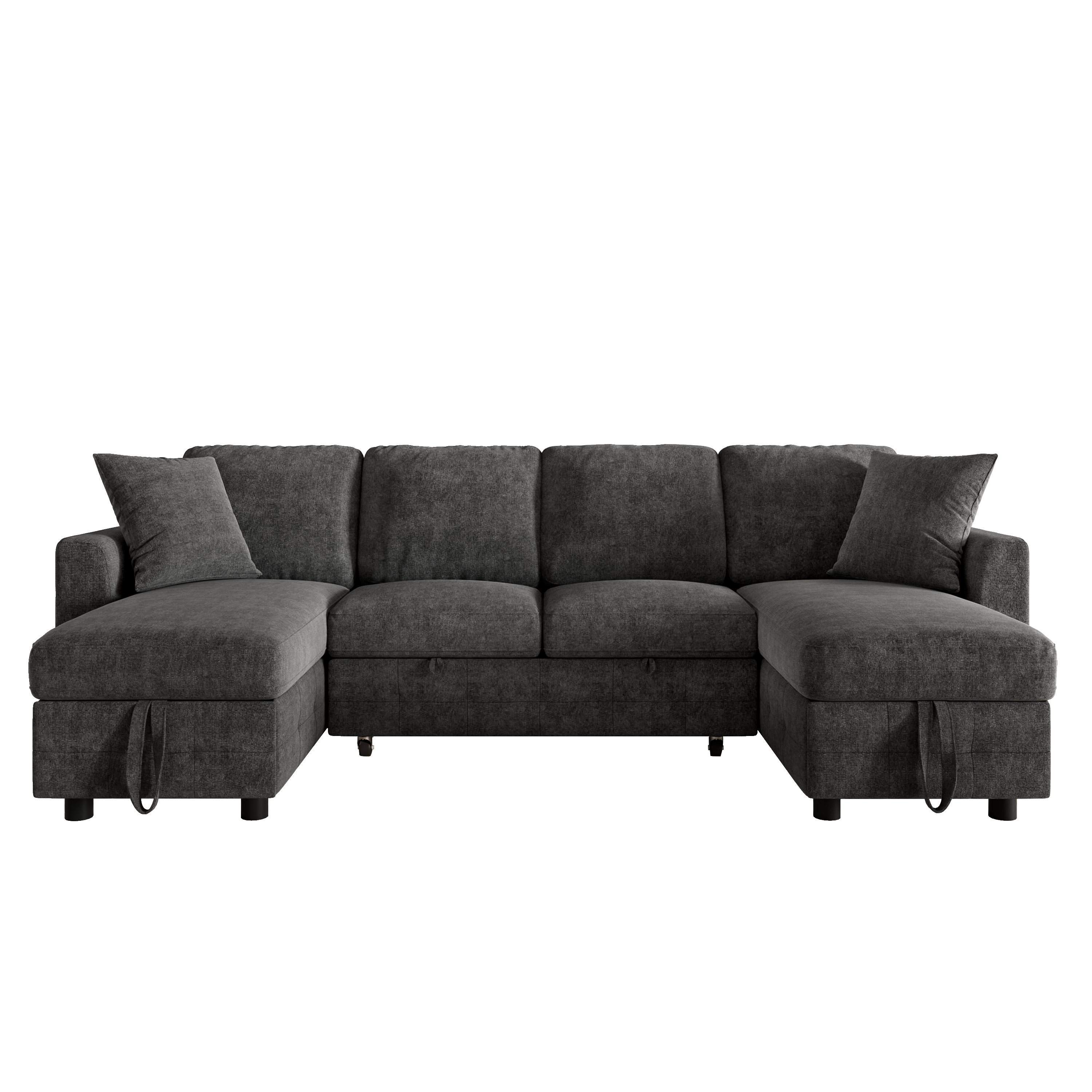 Canapé-lit en U gris foncé en tissu chenille, convertible avec rangements dans les méridiennes, ports USB et Type-C, dimensions 260x128x82 cm