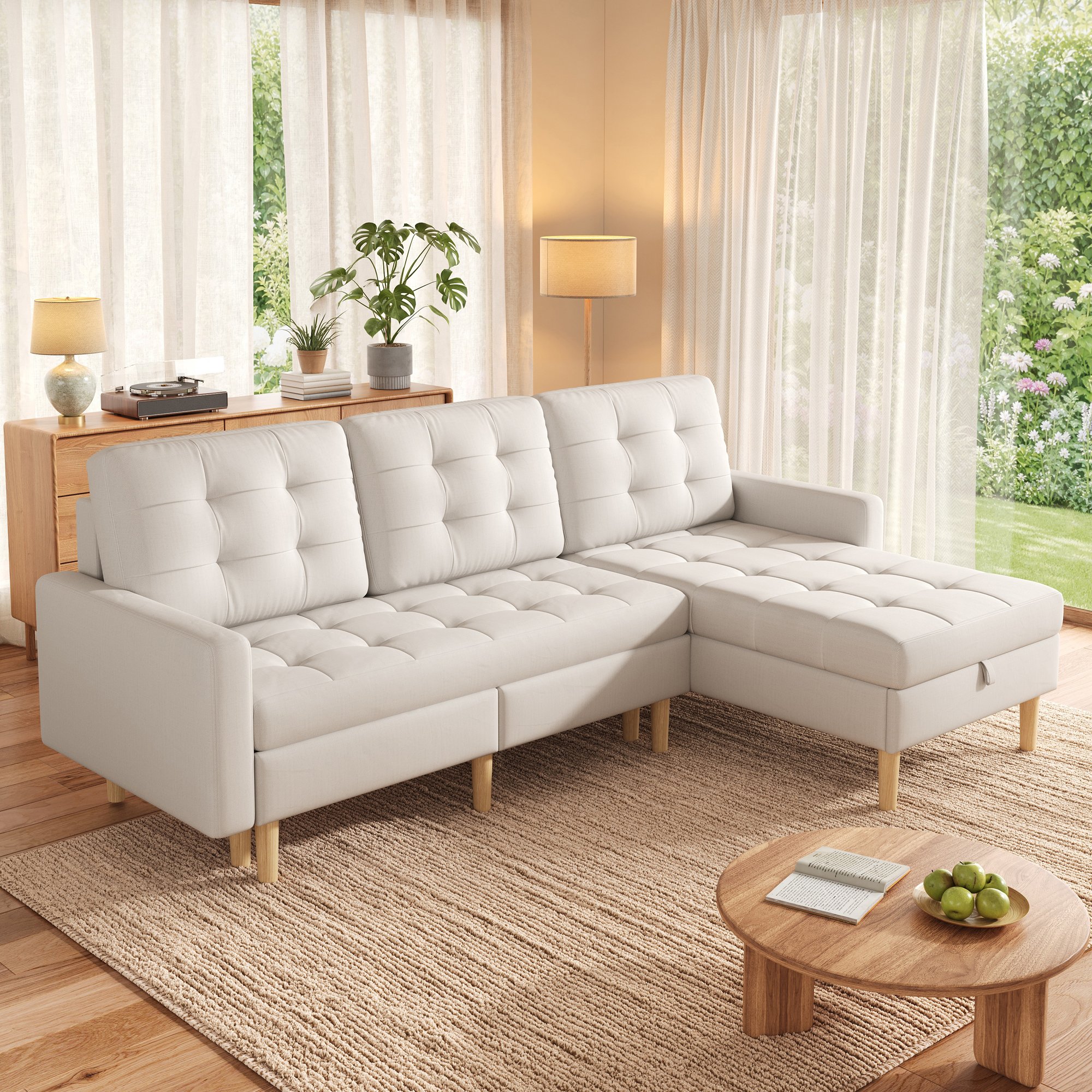 Canapé d'angle avec double coffre de rangement et chaise longue amovible, structure robuste 135kg, tissu facile à nettoyer