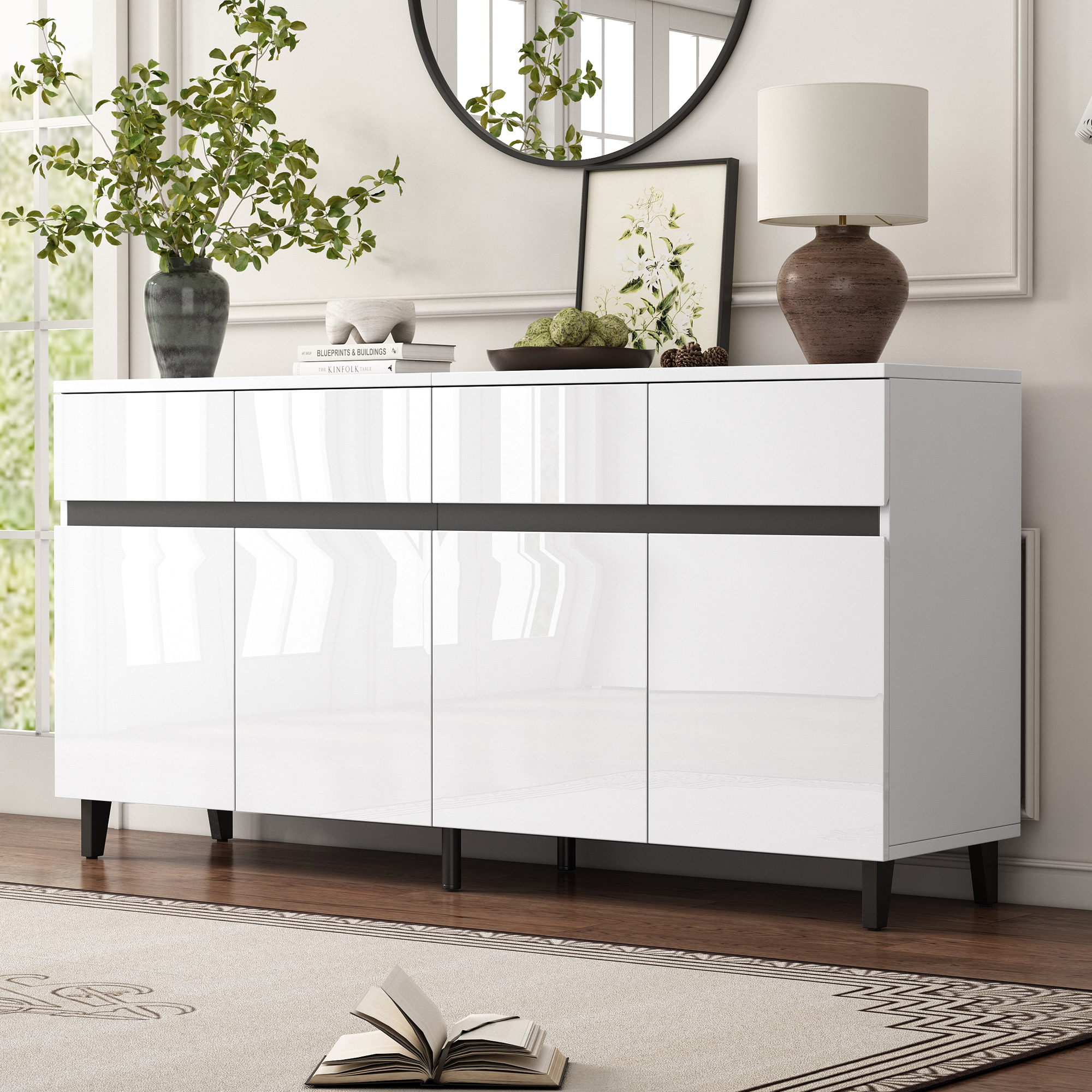Buffet Moderne Blanc Haut Brillant 160 cm, Meuble TV avec 4 Tiroirs Profonds et 2 Portes Modulaires pour Salon Contemporain