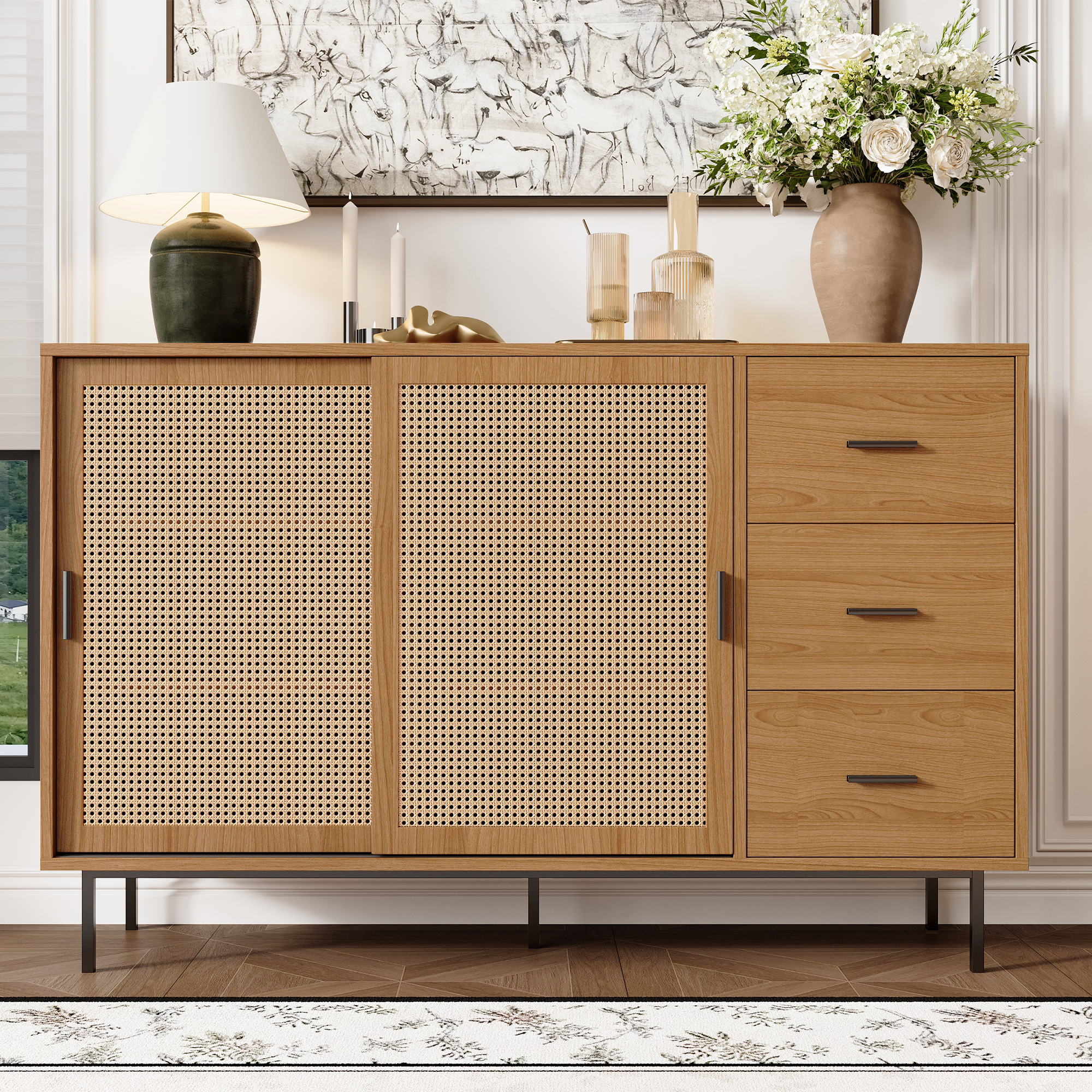 Buffet avec 2 portes coulissantes et 3 tiroirs, meuble de rangement en panneau de particules couleur naturel, idéal pour salon et salle à manger