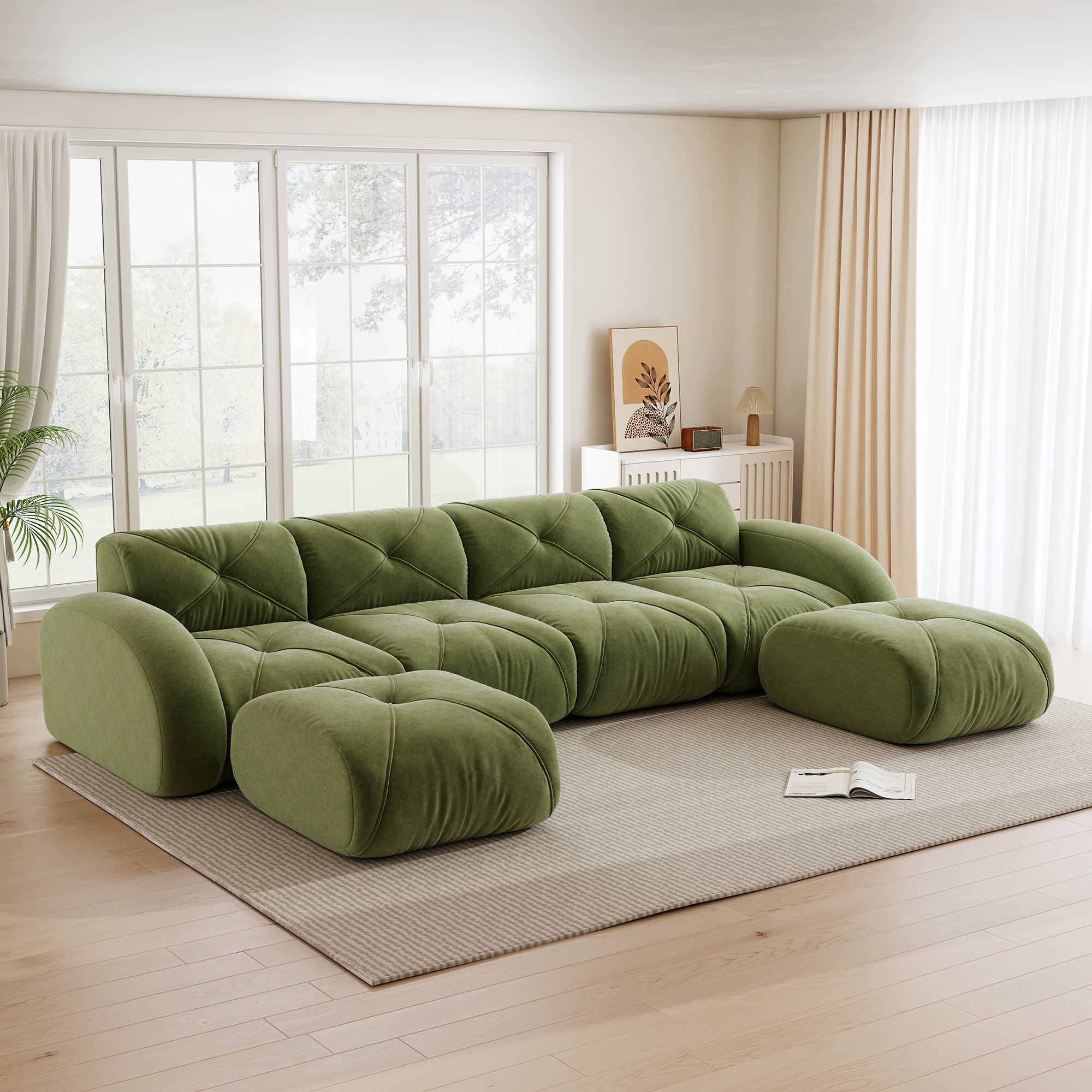 Canapé modulable 4 places revêtement Chenille doux, structure sans cadre robuste supportant 200kg, couleur vert salon
