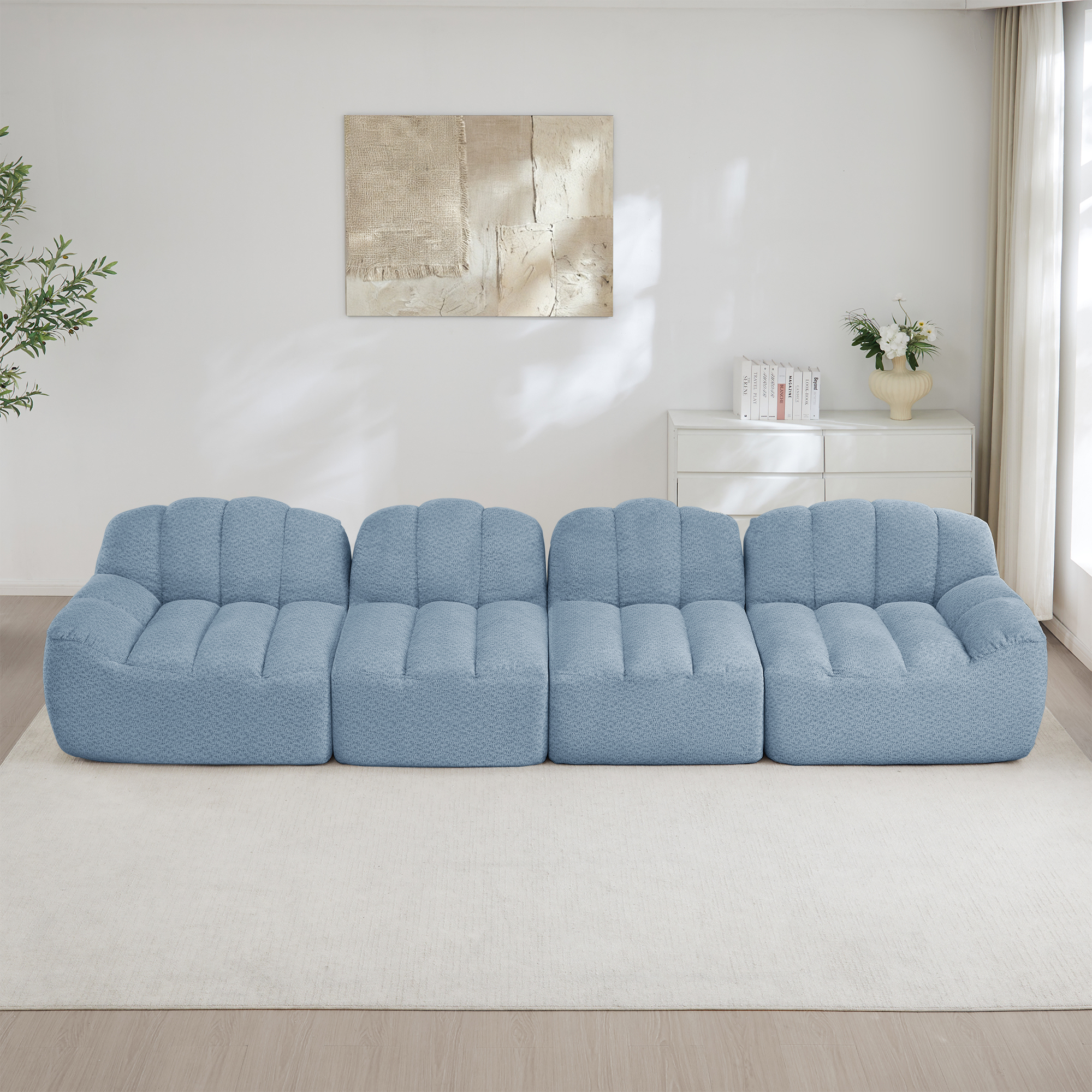 Canapé Modulable 4 Places Tissu Velours Granuleux Bleu Structure Sans Ossature Forme Coque Confort Mousse Haute Densité