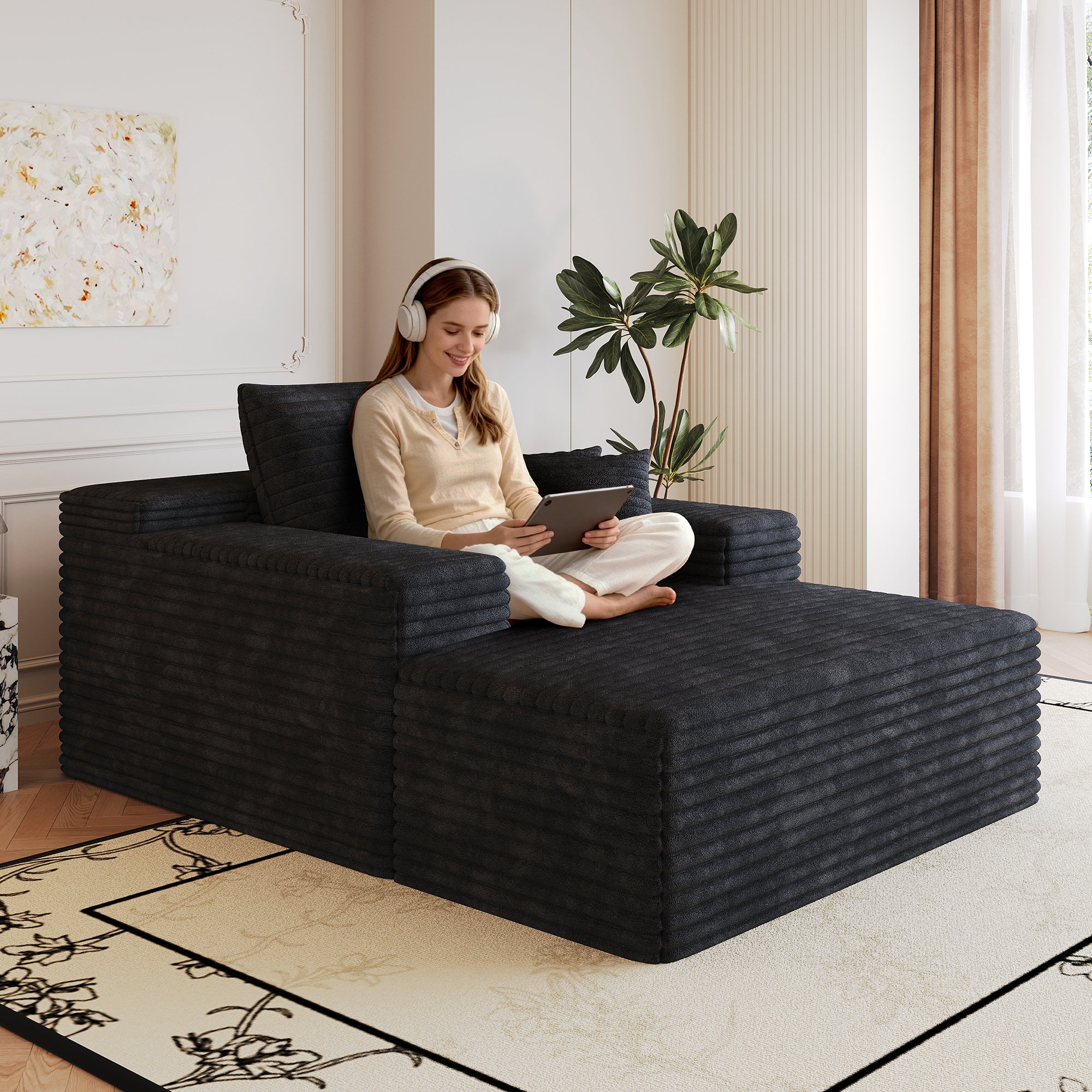 Canapé droit noir 115x159 cm en velours côtelé sans montage, assise profonde et mousse haute élasticité pour salon ou chambre