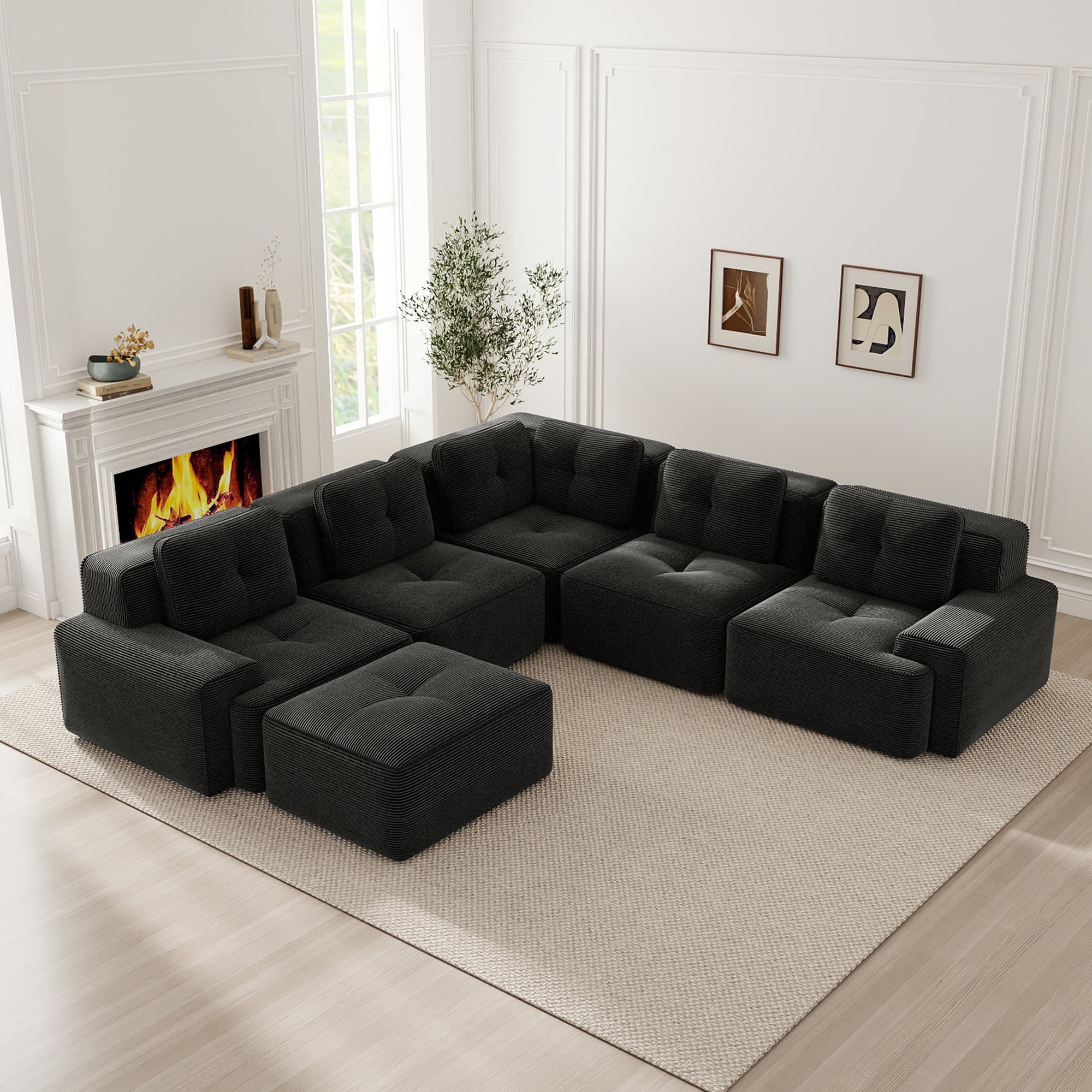 Canapé d'angle modulable noir en tissu côtelé, assise profonde 74cm, sans cadre, confort nuageux, idéal salon moderne