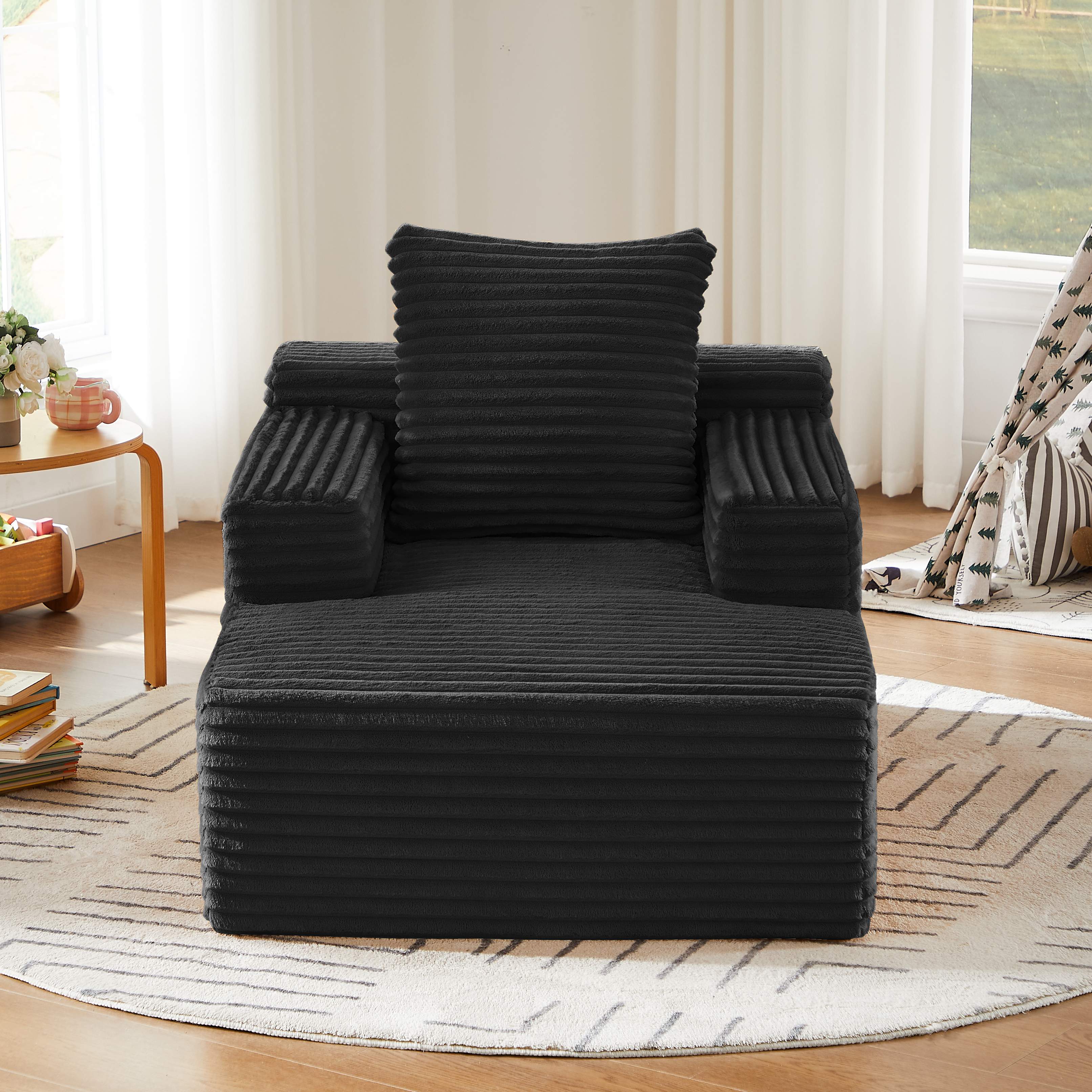 Chaise longue sans montage en velours côtelé noir, canapé lit moderne pour salon et bureau, confort immédiat prêt à l'emploi