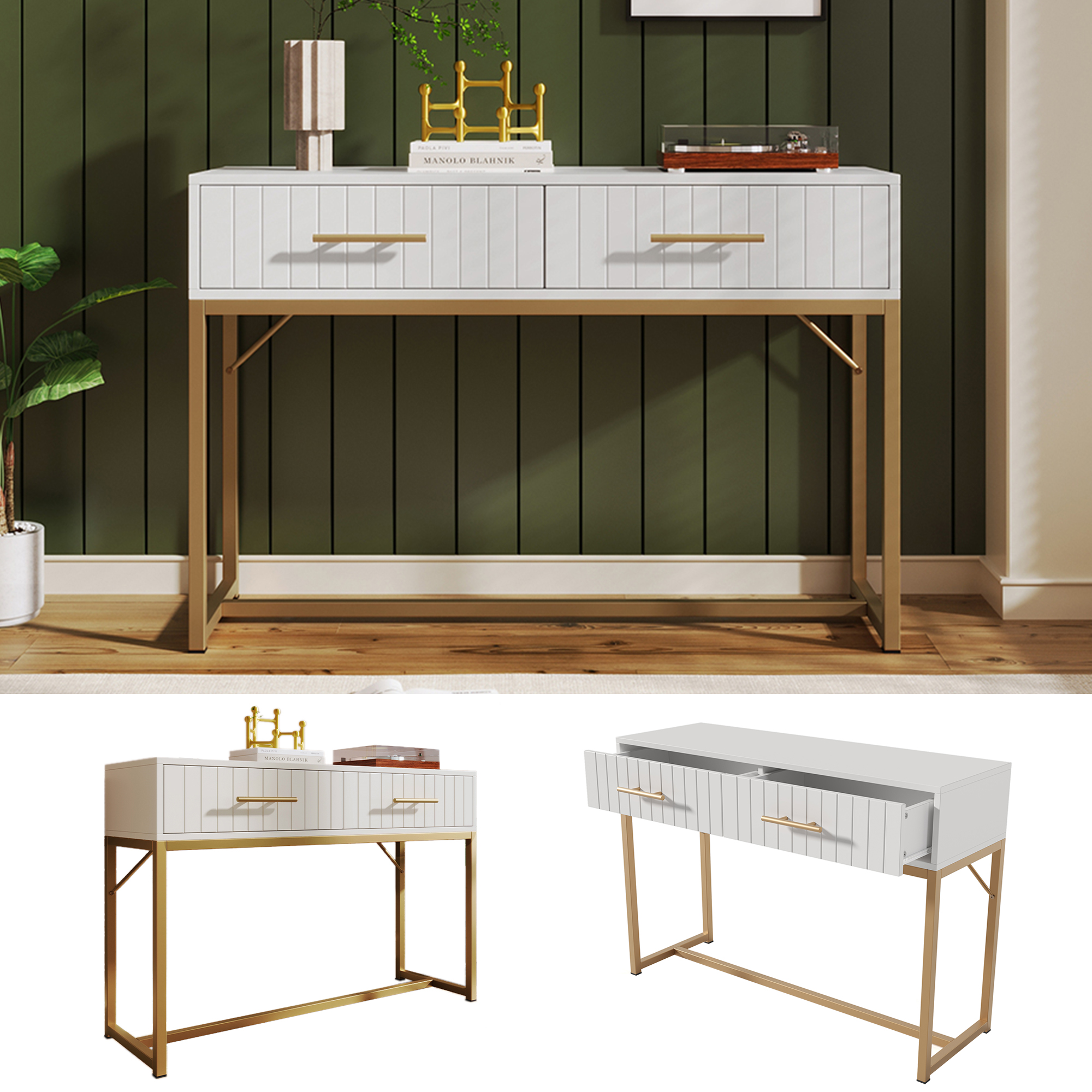 Buffet Blanc 100x75x45 cm avec 2 Tiroirs, Meuble Rangement Moderne Design Contemporain Panneau Particules