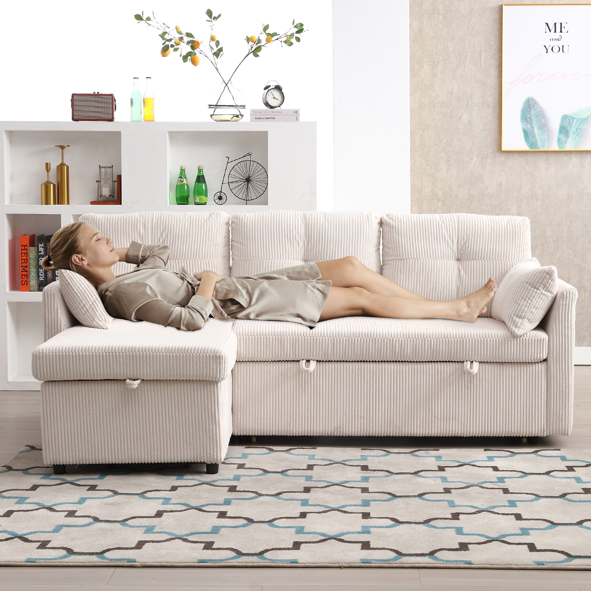 Lit gigogne avec rangement intégré beige en velours côtelé et couchage d'appoint pour salon