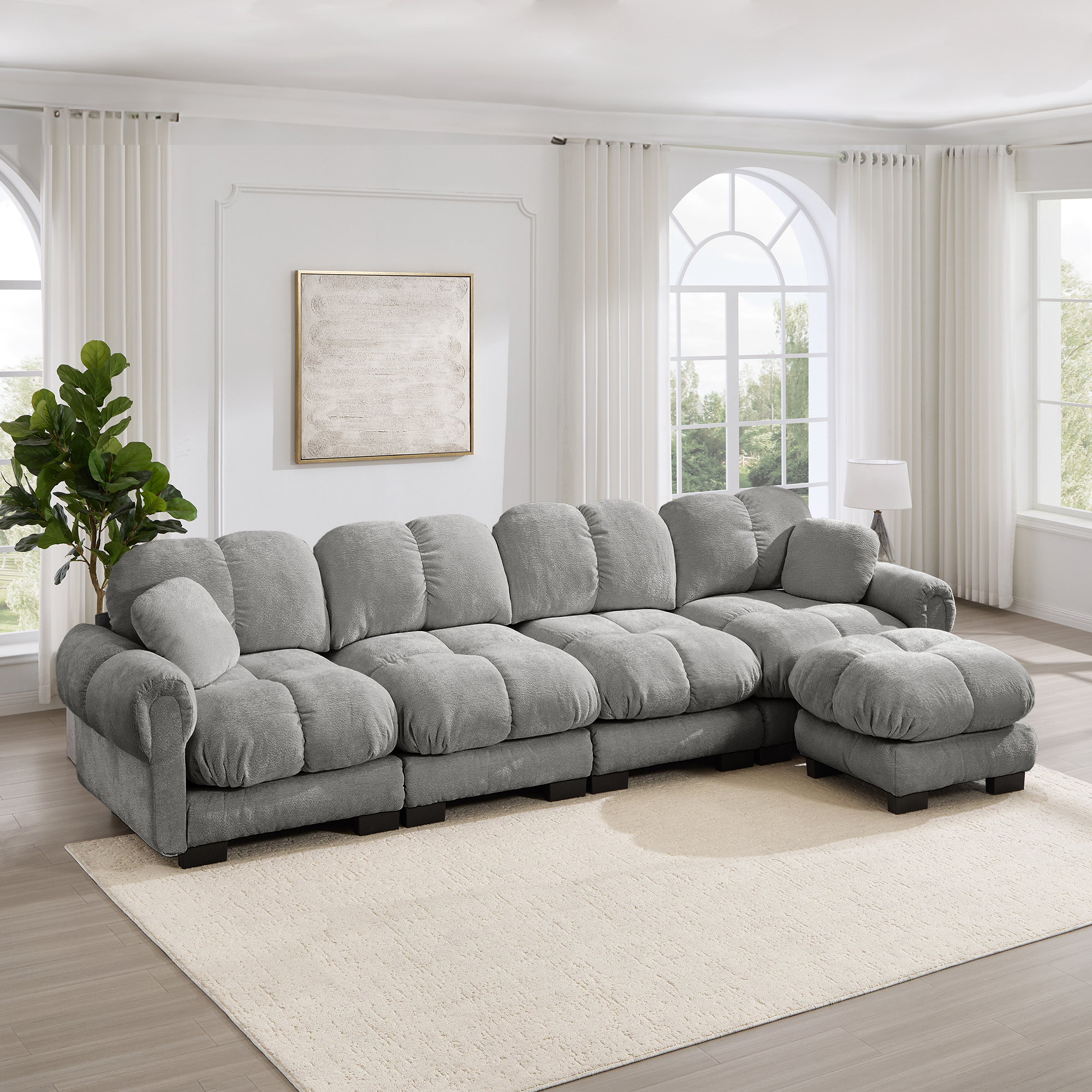 Canapé d'angle modulable 4 places en tissu Chenille gris clair avec ottomane mobile et rangement intégré