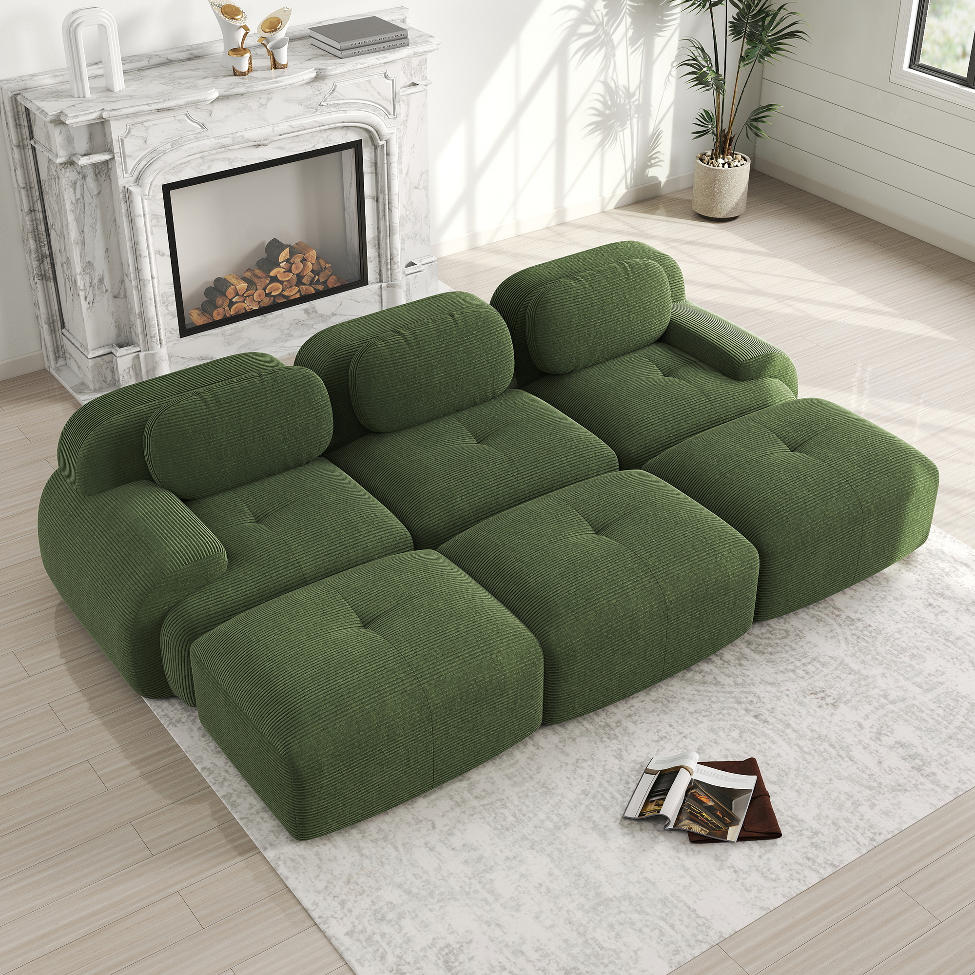 Canapé d'angle modulable 3 places sans montage en velours côtelé vert, adapté aux animaux et mousse 32D