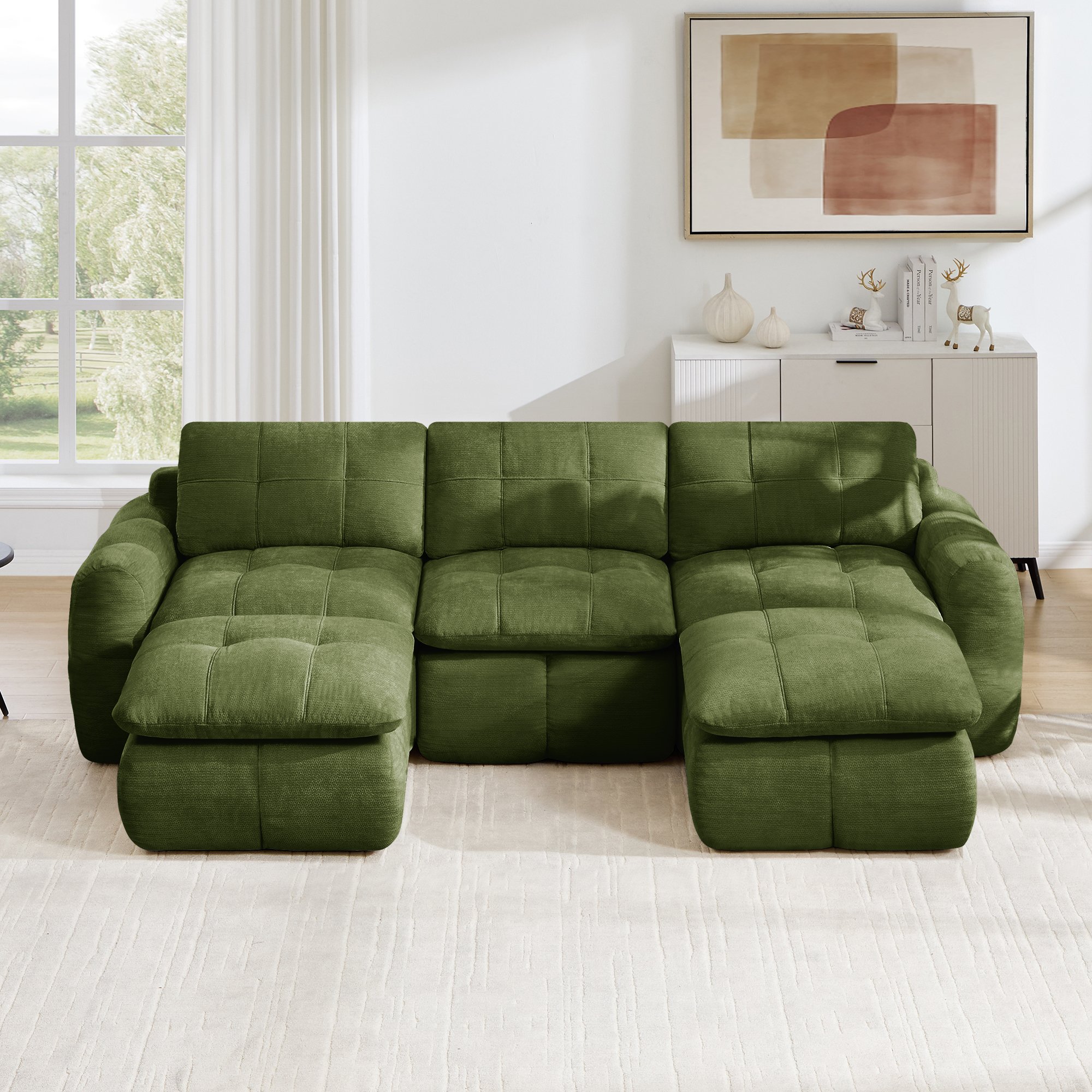 Canapé modulable 3 places vert en chenille sans cadre avec 2 ottomans pour salon et appartement