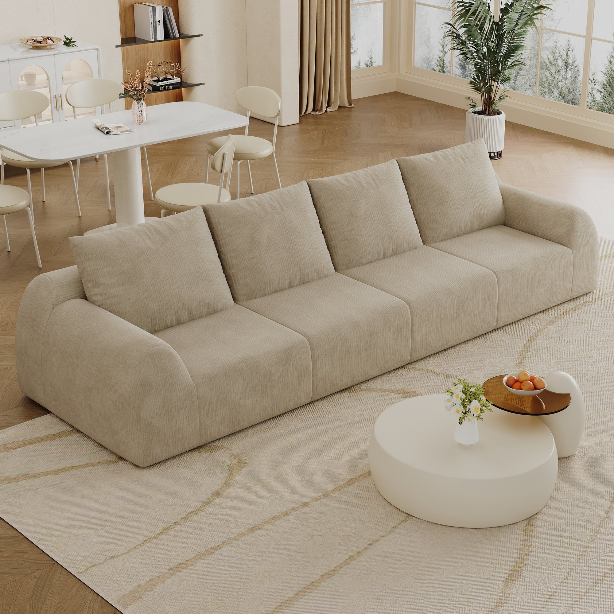 Canapé droit 324x95cm en tissu chenille kaki rembourré mousse haute élasticité sans montage pour salon et chambre