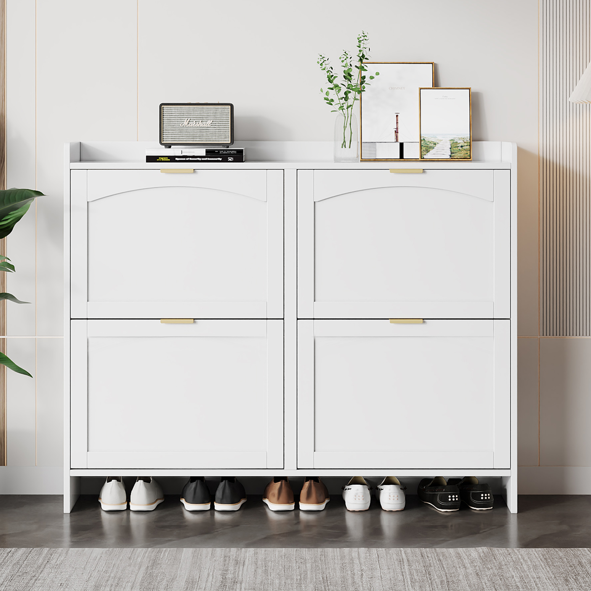 Meuble à chaussures blanc 110x24x90 cm, 4 cases pliantes, surface supérieure décoration, anti-basculement, entrée