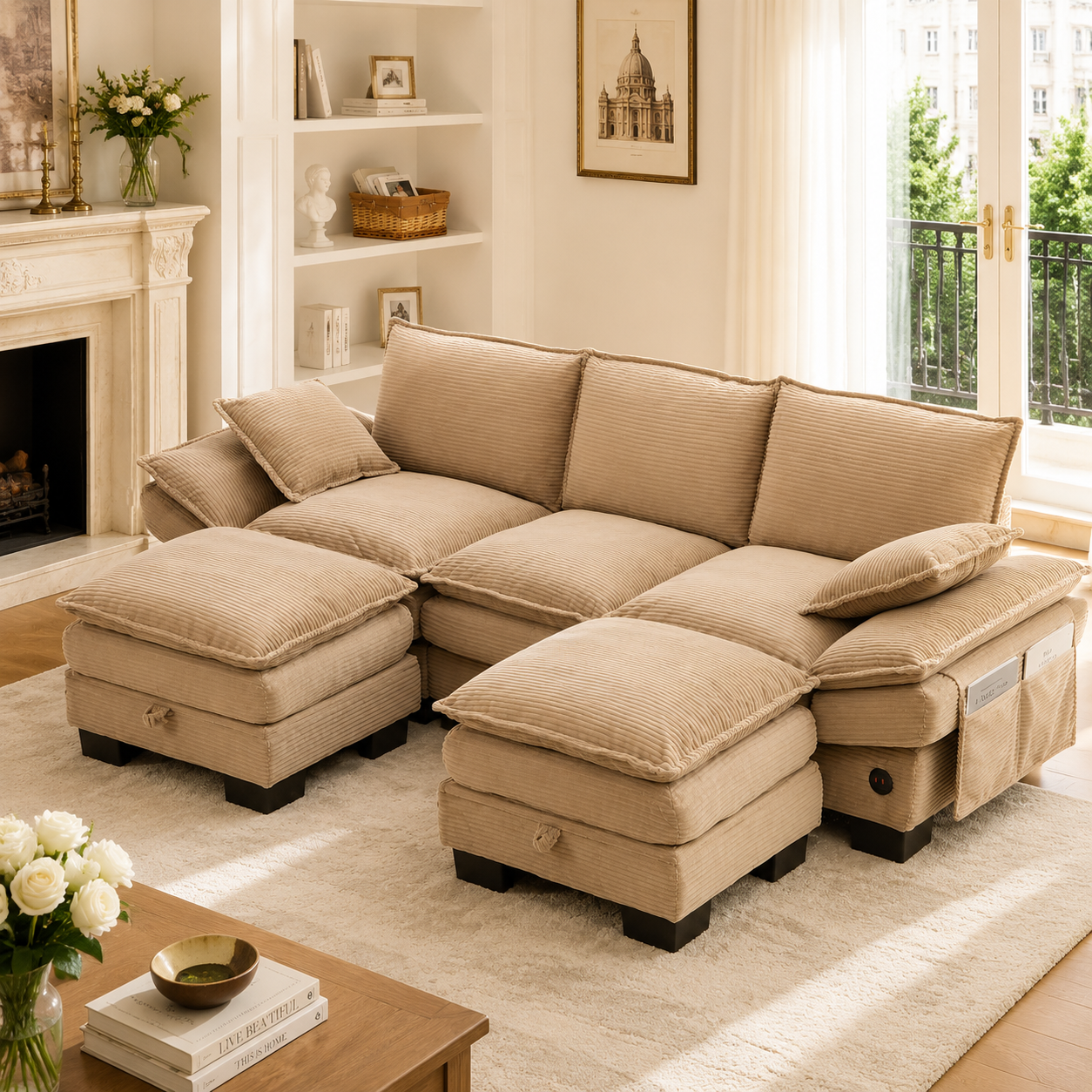 Canapé d'angle 3 places 260x132x84 cm avec 2 poufs et assise large de 194 cm en velours côtelé