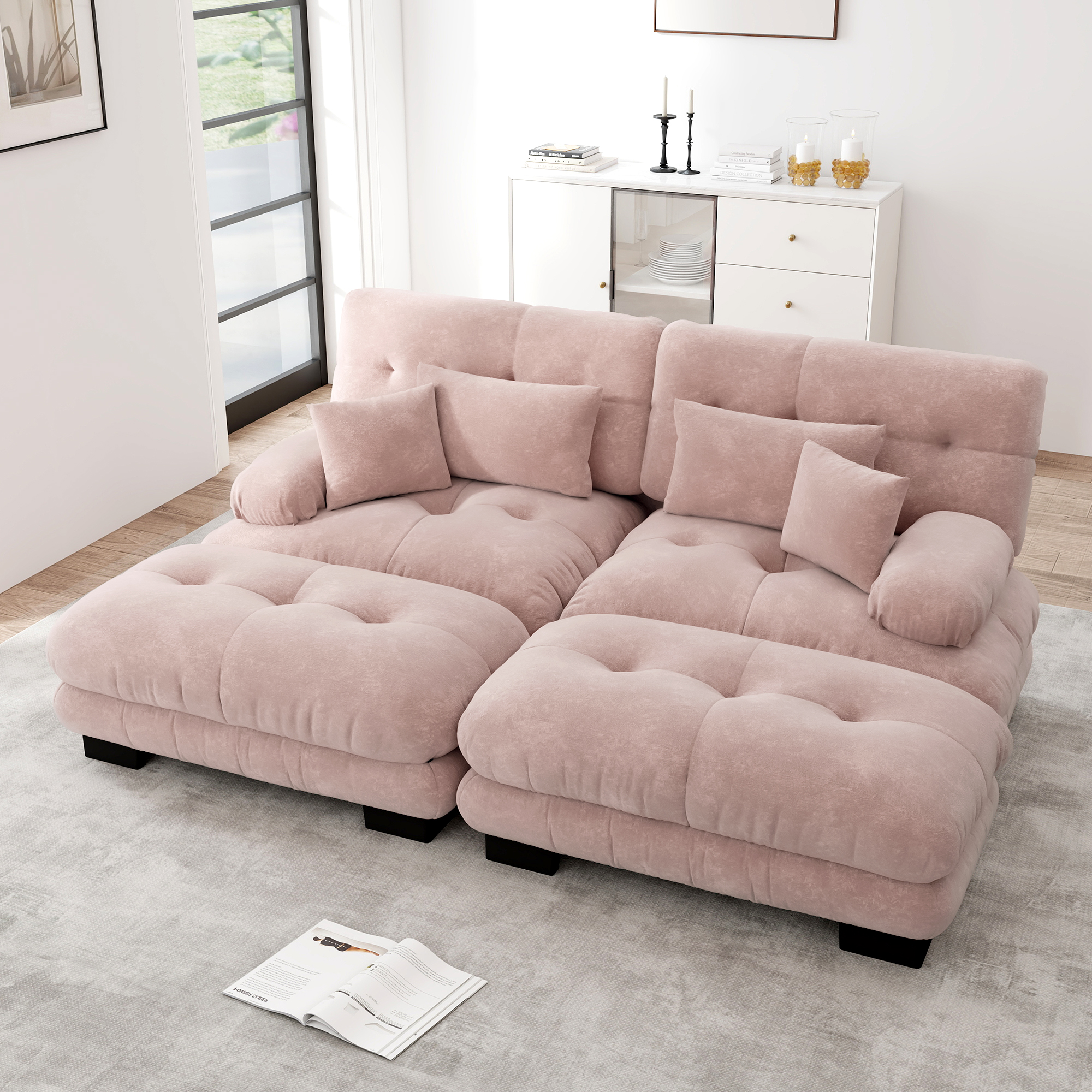Canapé d'angle en chenille rose avec accoudoirs ronds rembourrés, 2 ottomans et 4 coussins inclus