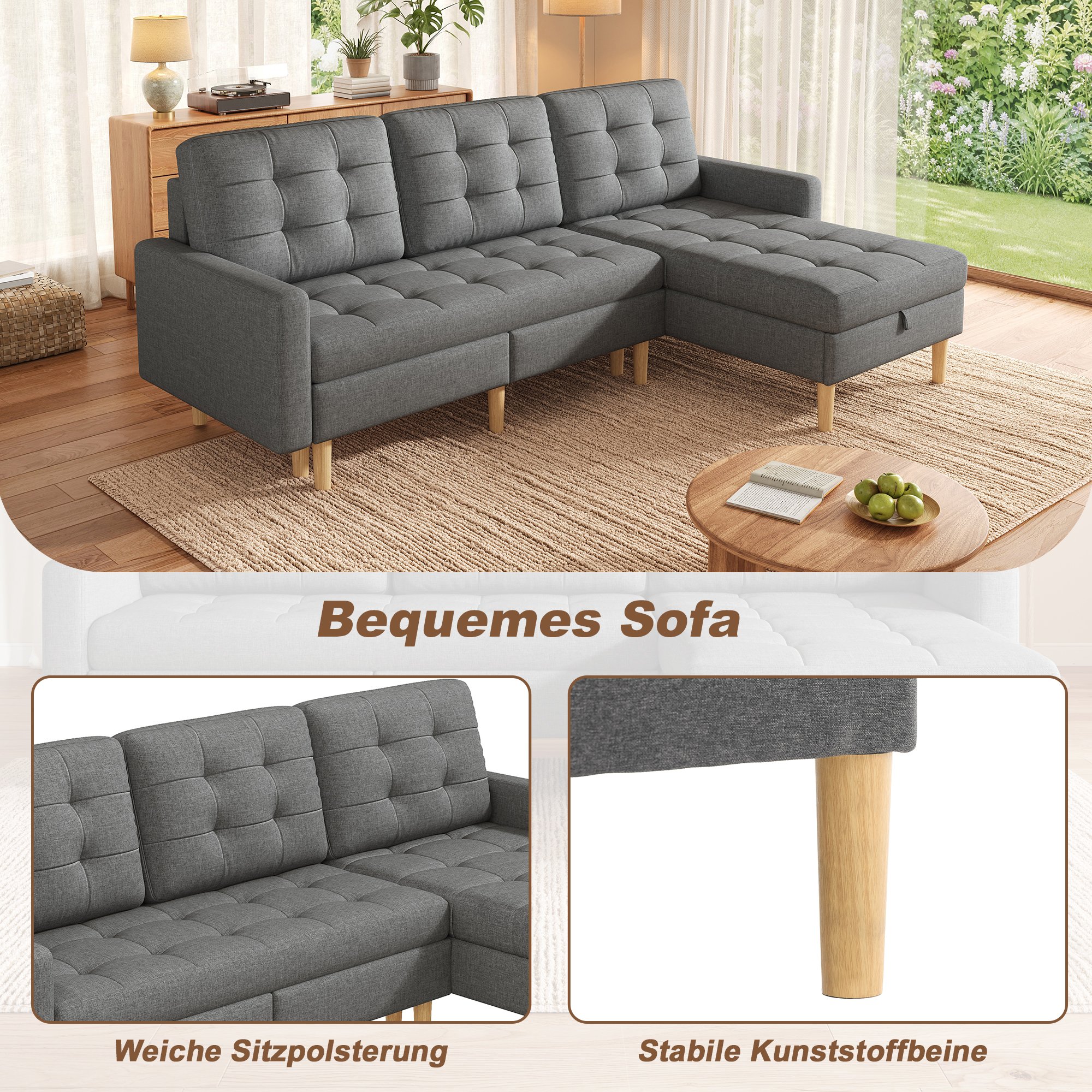 Petit canapé d'angle gris 212x130 cm avec chaise longue interchangeable et rangements cachés, montage facile sans outils spécifiques