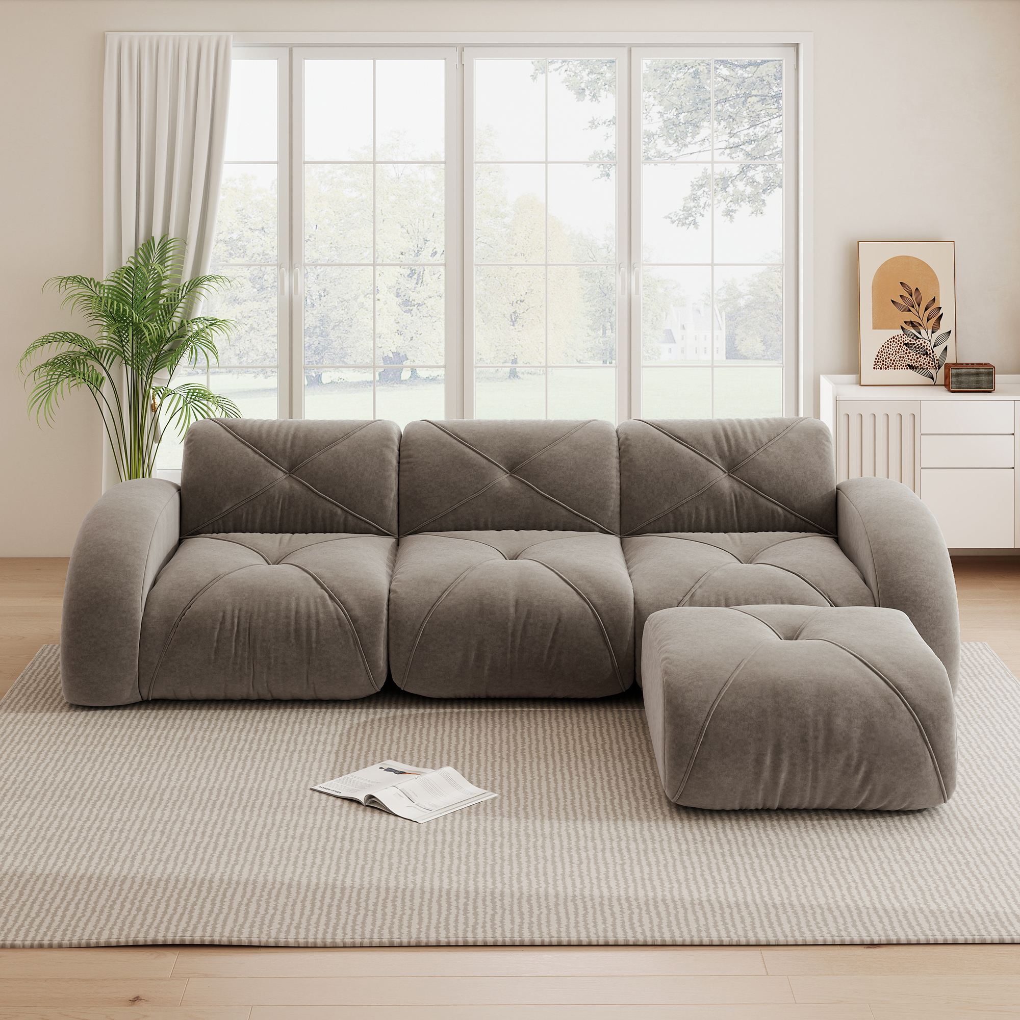 Fauteuil d'angle Modulable 3 Places en Chenille Taupe avec Repose-pieds Intégré Design Contemporain Salon