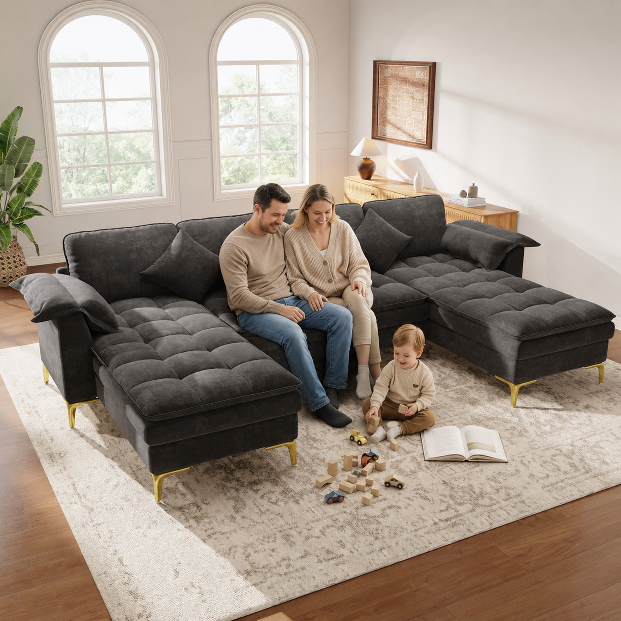 Canapé d'angle en U 4 places gris chenille, structure modulaire avec 2 chaises longues et coussins double densité pour salon moderne