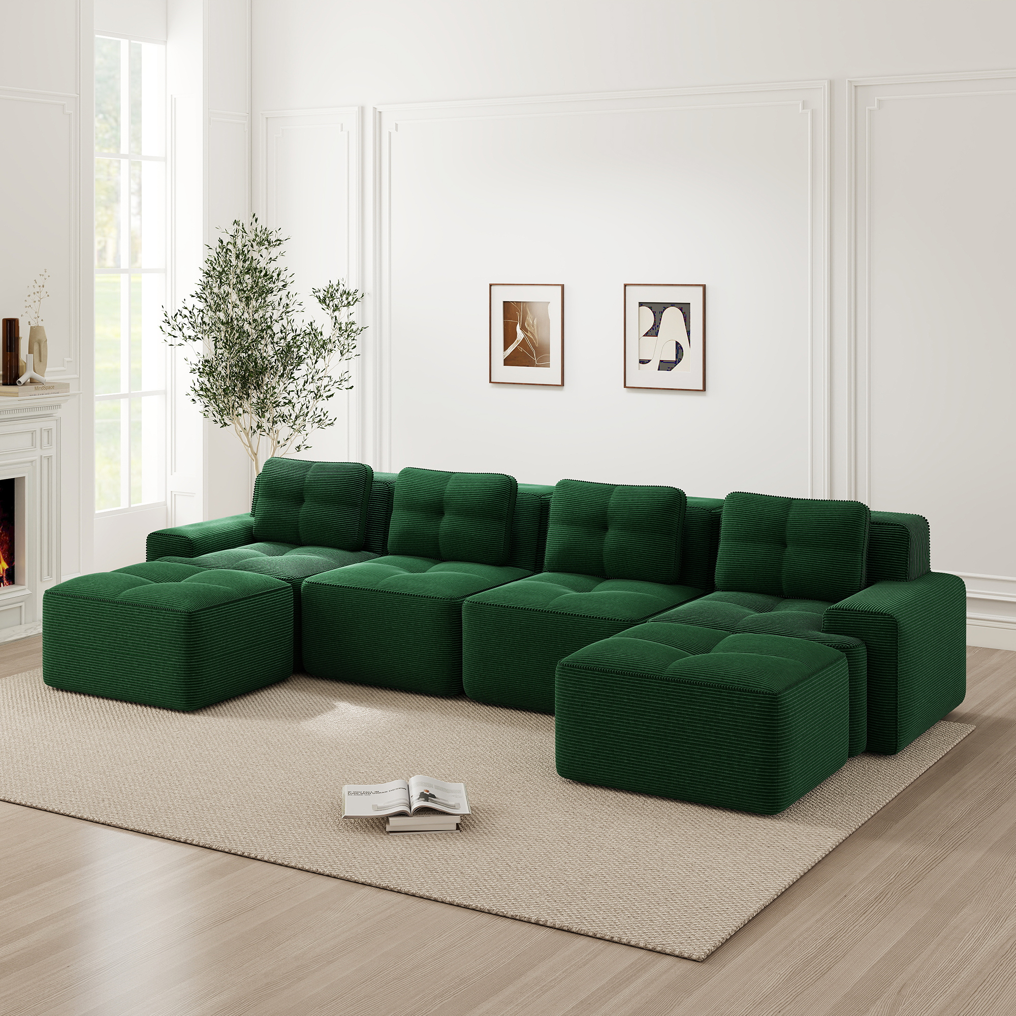 Méridienne Modulable Canapé d'Angle En U 4 Places Tissu Velours Côtelé Vert Profond Sans Dossier Bas