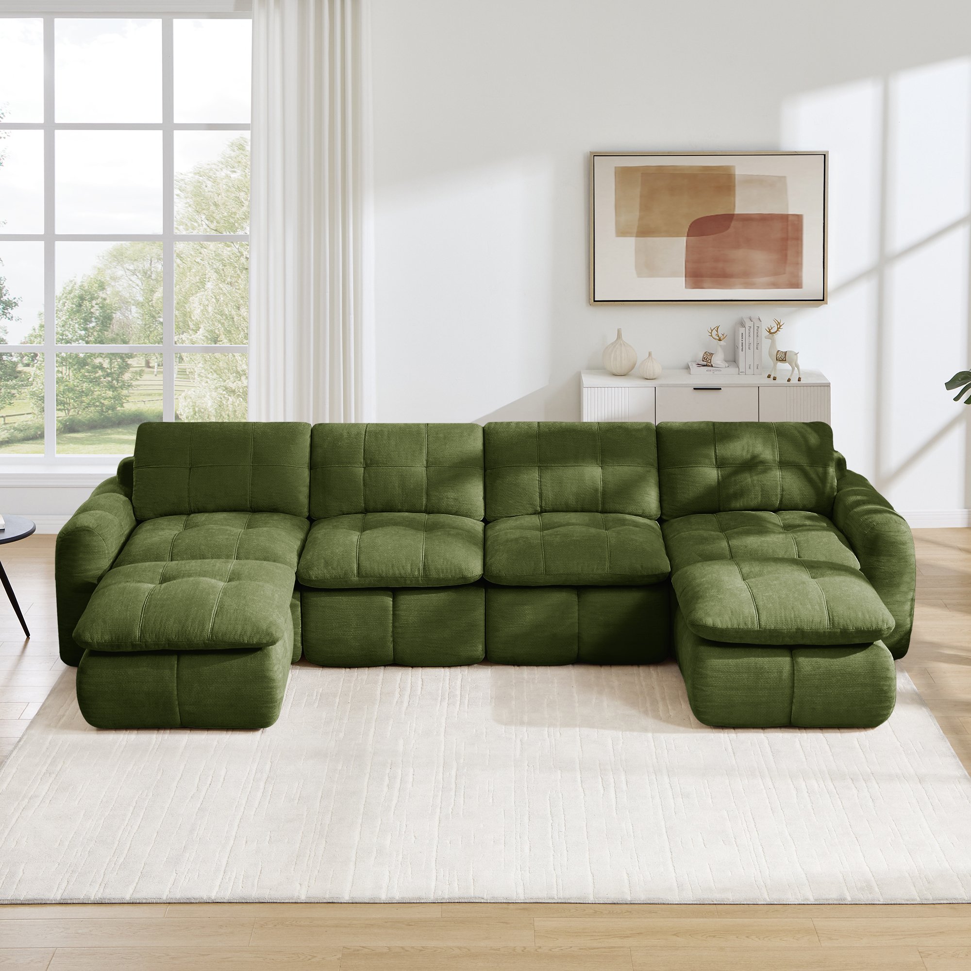Grand canapé modulable 334x160cm vert, 4 places avec 2 poufs inclus, charge max 1100kg, format profond idéal pour grands salons