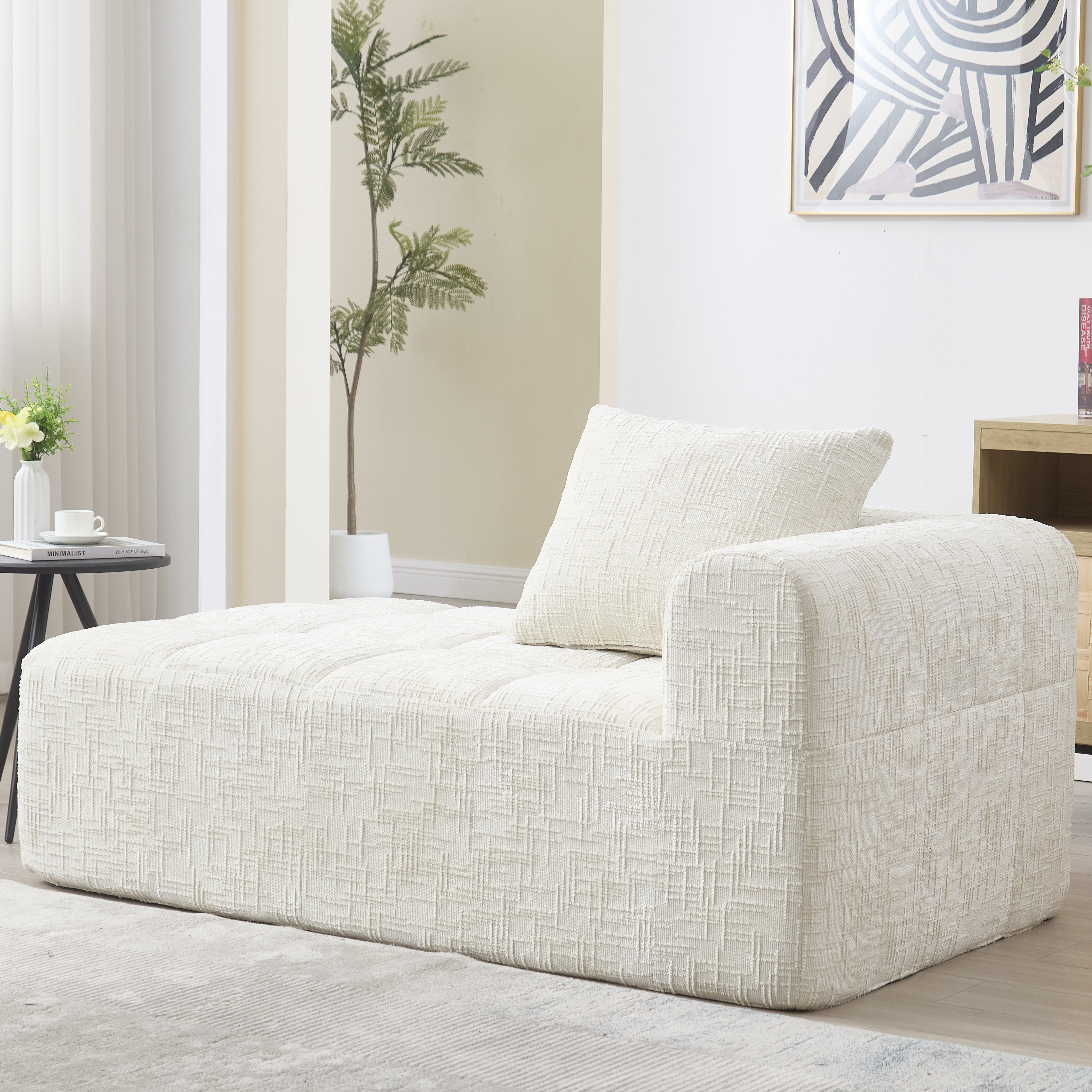 Canapé méridienne beige en chenille, structure résistante à l'usure et assise à ressort rapide