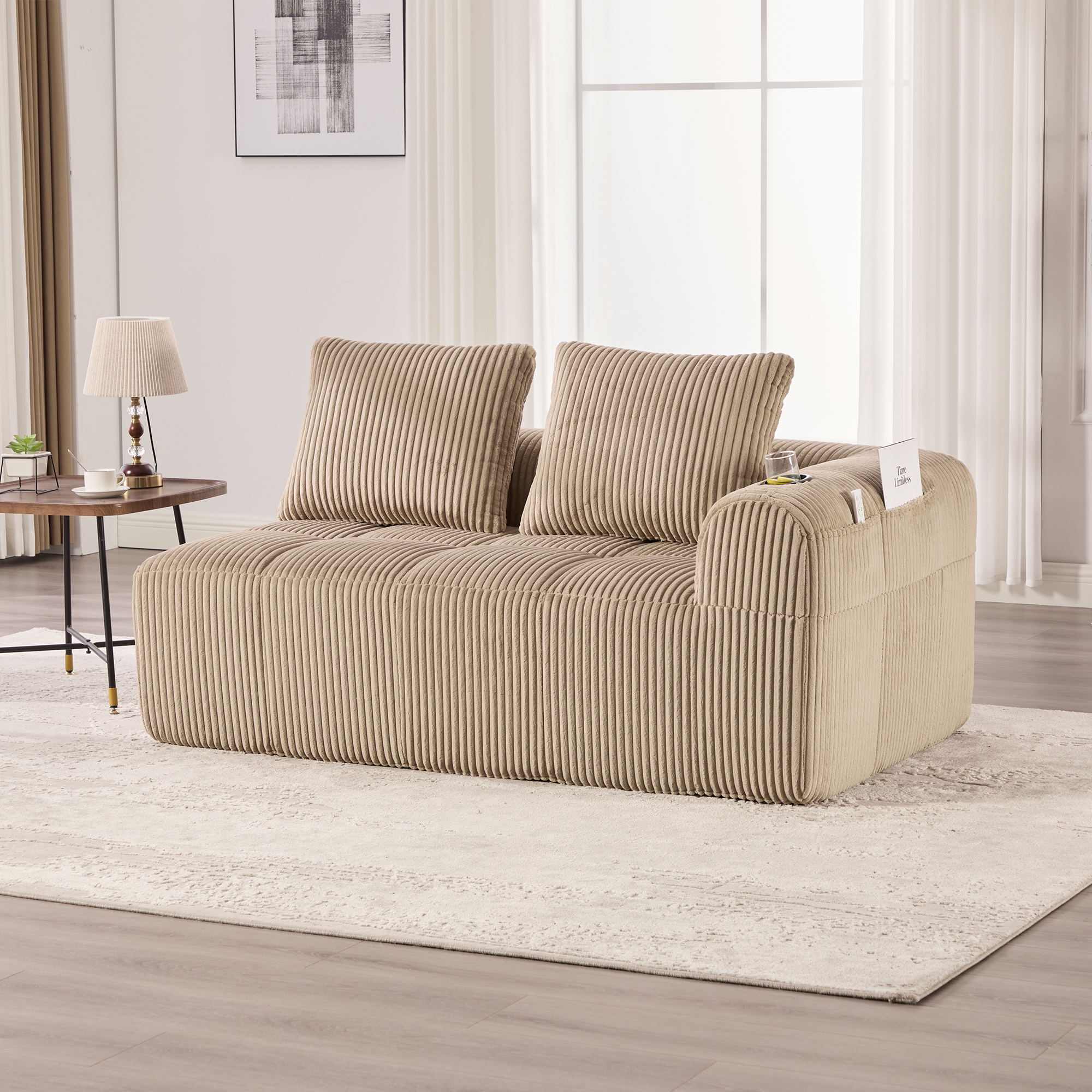 Canapé compact 2 places sans montage en velours côtelé kaki avec rangement latéral et porte-gobelets
