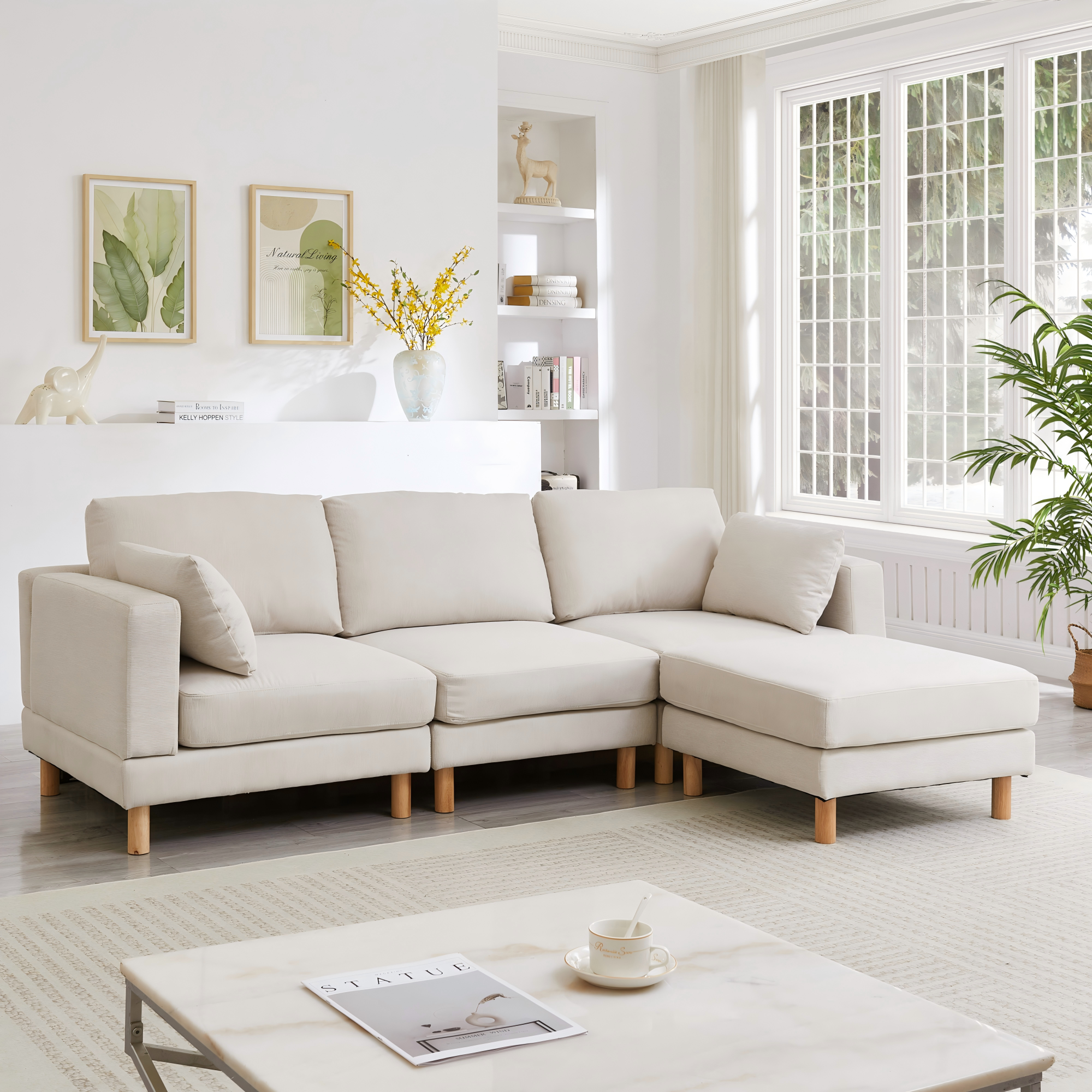 Canapé d'angle modulable 3 places avec pouf, tissu polyester beige, structure bois massif, design nordique moderne pour salon