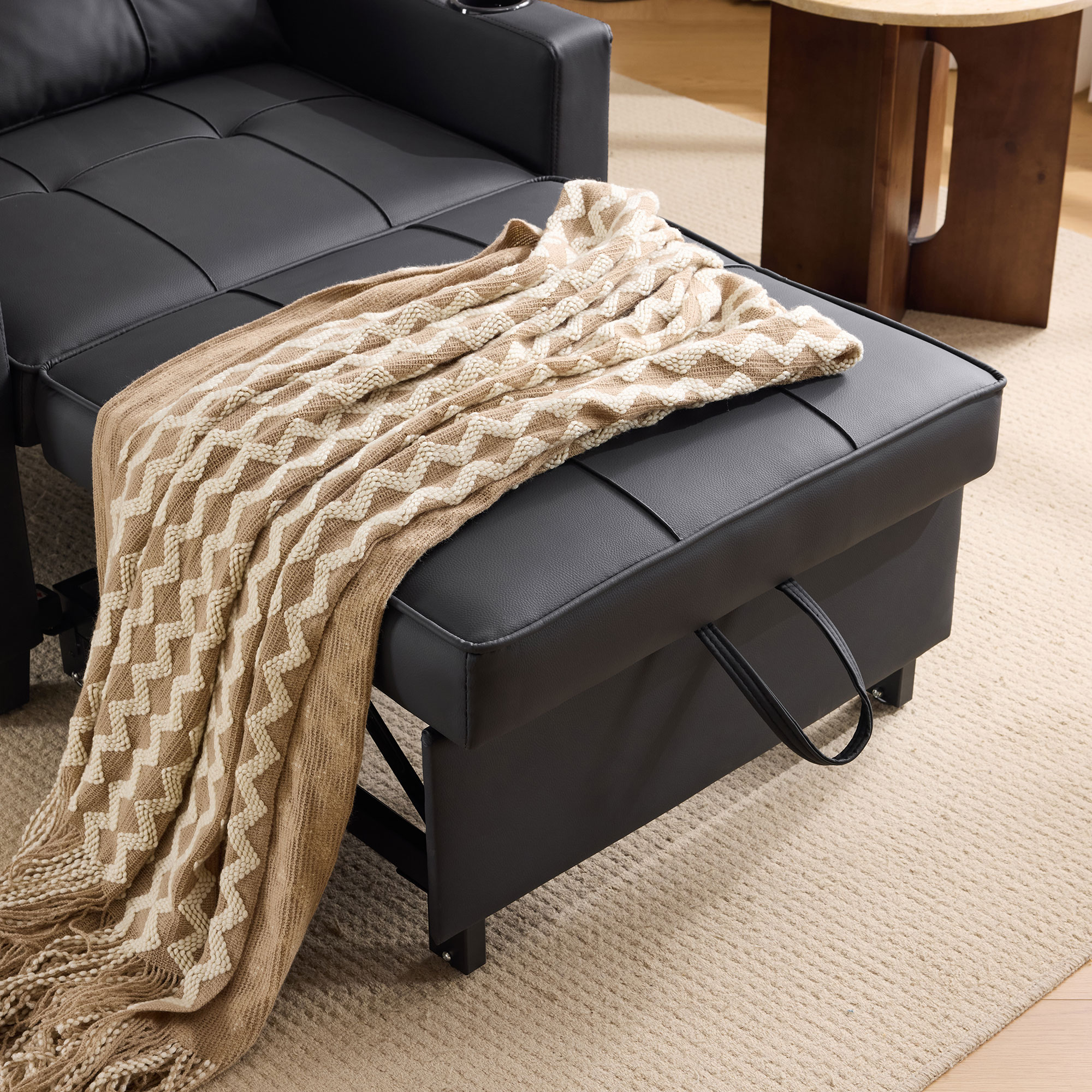 Fauteuil Convertible Noir Simili Cuir - Structure Renforcée Acier et Bois Massif, Dimensions 74x87x84 cm, Design Moderne