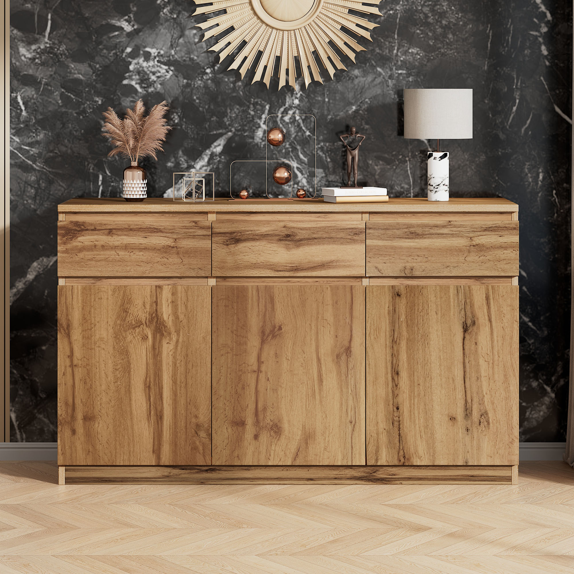 Buffet 135x40x81 cm, Meuble Rangement Cuisine avec 3 Tiroirs Intégrés et Étagères Réglables pour Stockage Spacieux