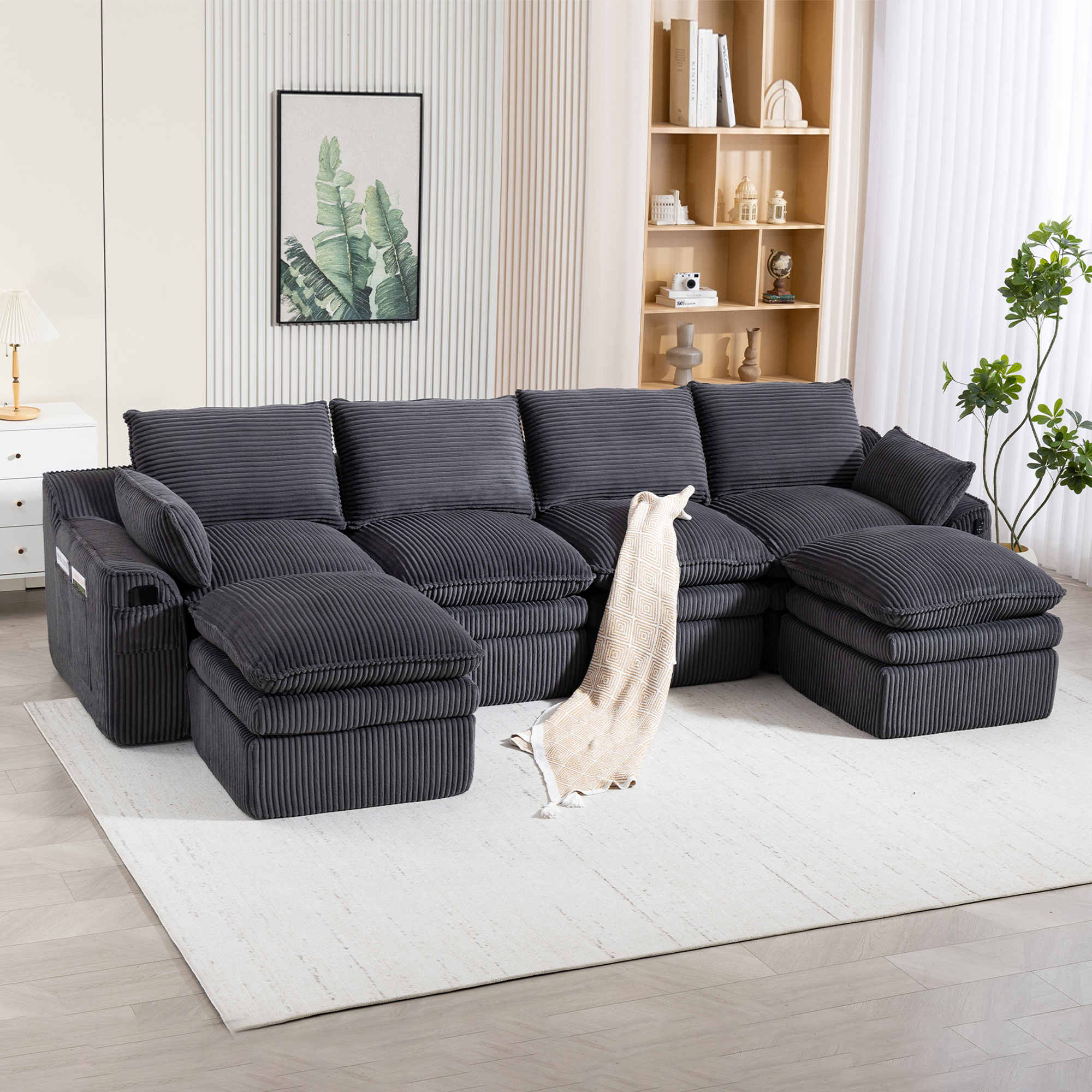 Canapé modulable 4 places sans montage avec mousse 3 couches et ressorts, gris foncé, 2 poufs inclus