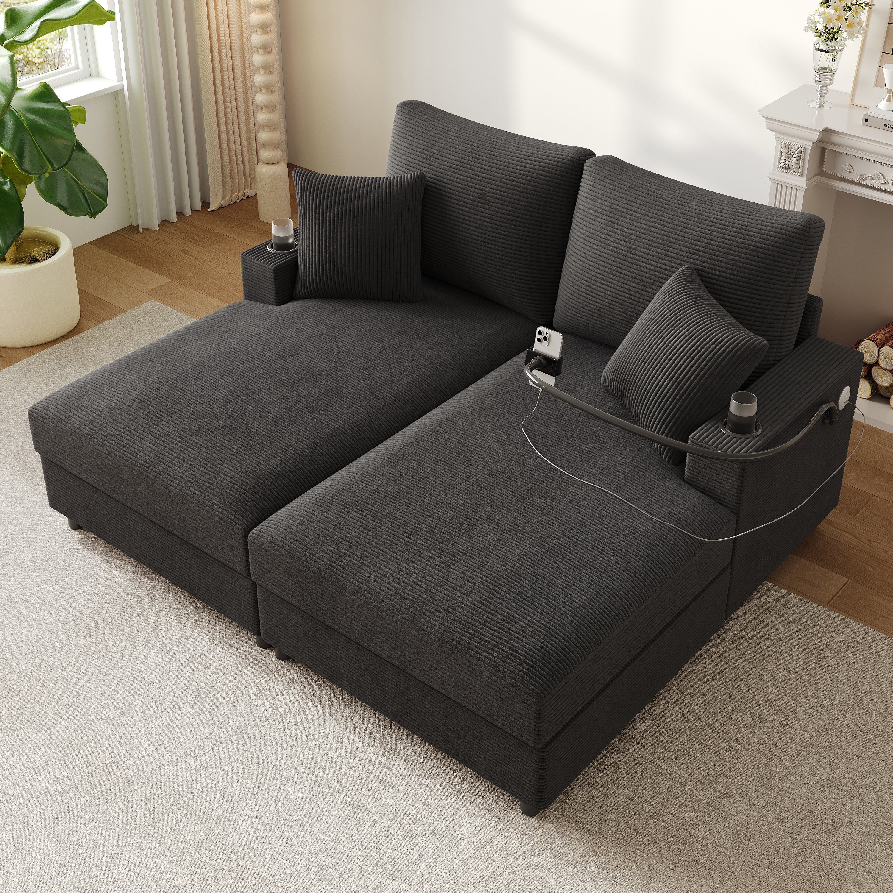 Canapé convertible 2 places en velours côtelé gris avec LED, USB-C et support téléphone 360° pour salon