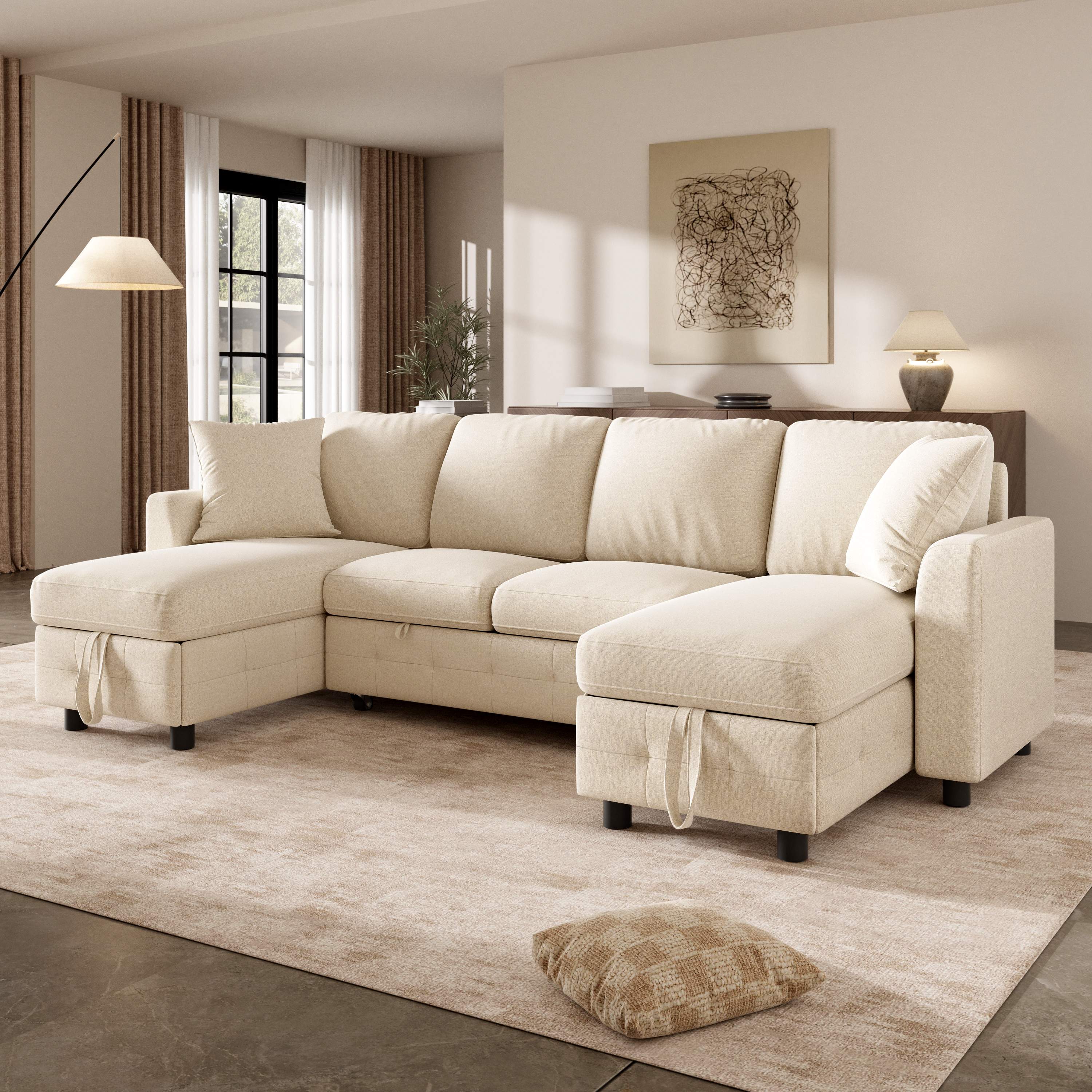 Canapé-lit en U beige chenille 260x128x82 cm avec 2 coffres de rangement dans les chaises longues, ports USB et Type-C, coussins inclus