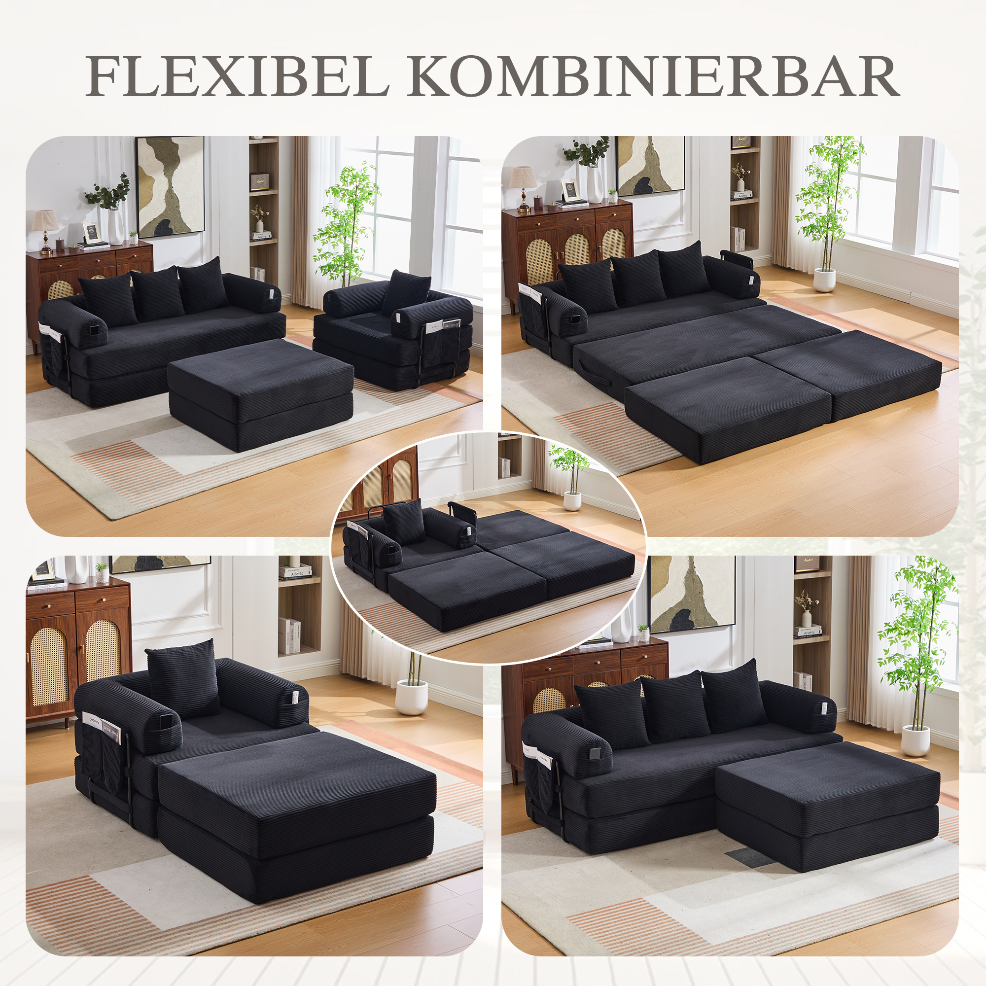 Canapé d'angle convertible modulable en velours côtelé noir avec hocker, poche latérale et 4 coussins