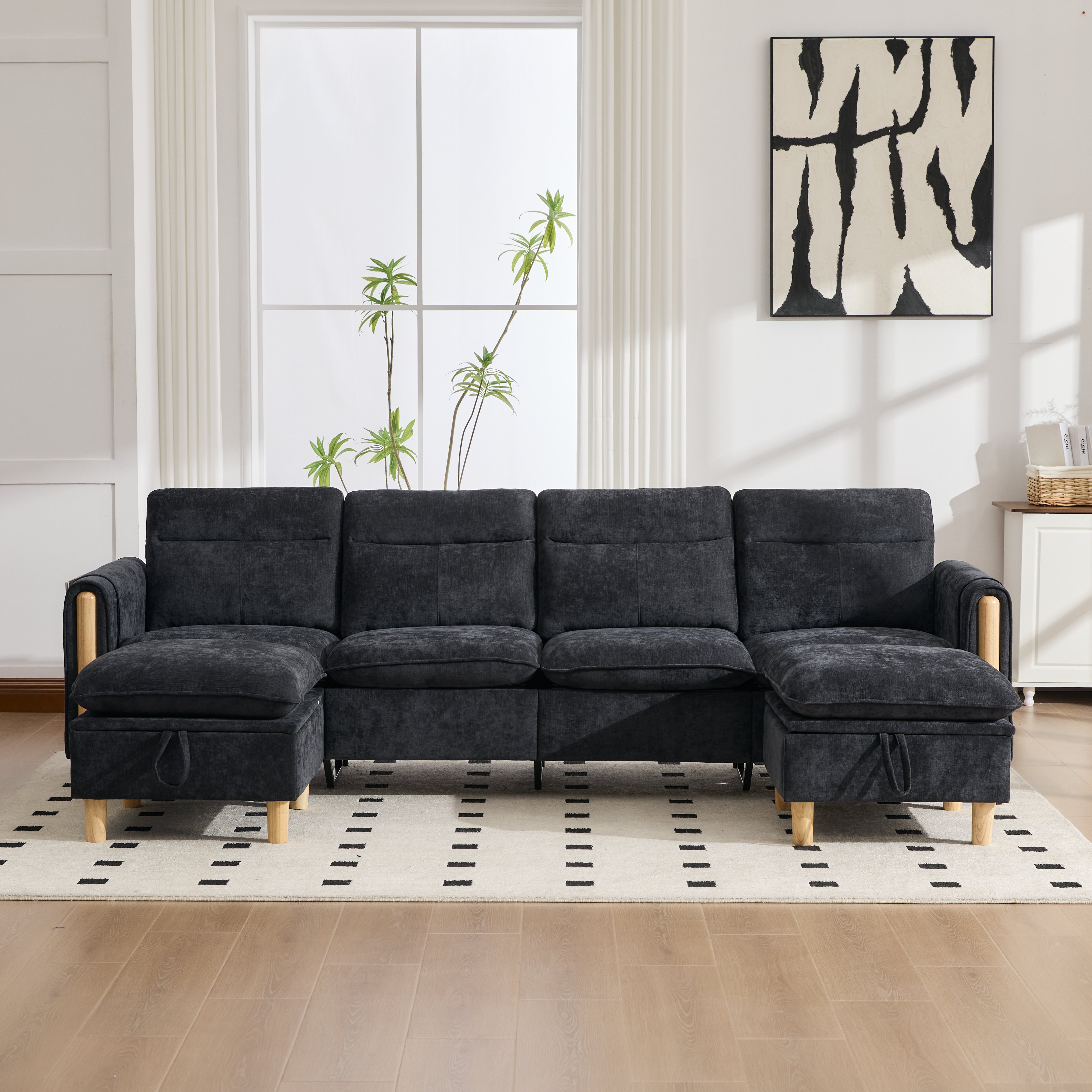 Canapé modulable 4 places avec 2 poufs et rangement, configuration en U ou en L pour salon