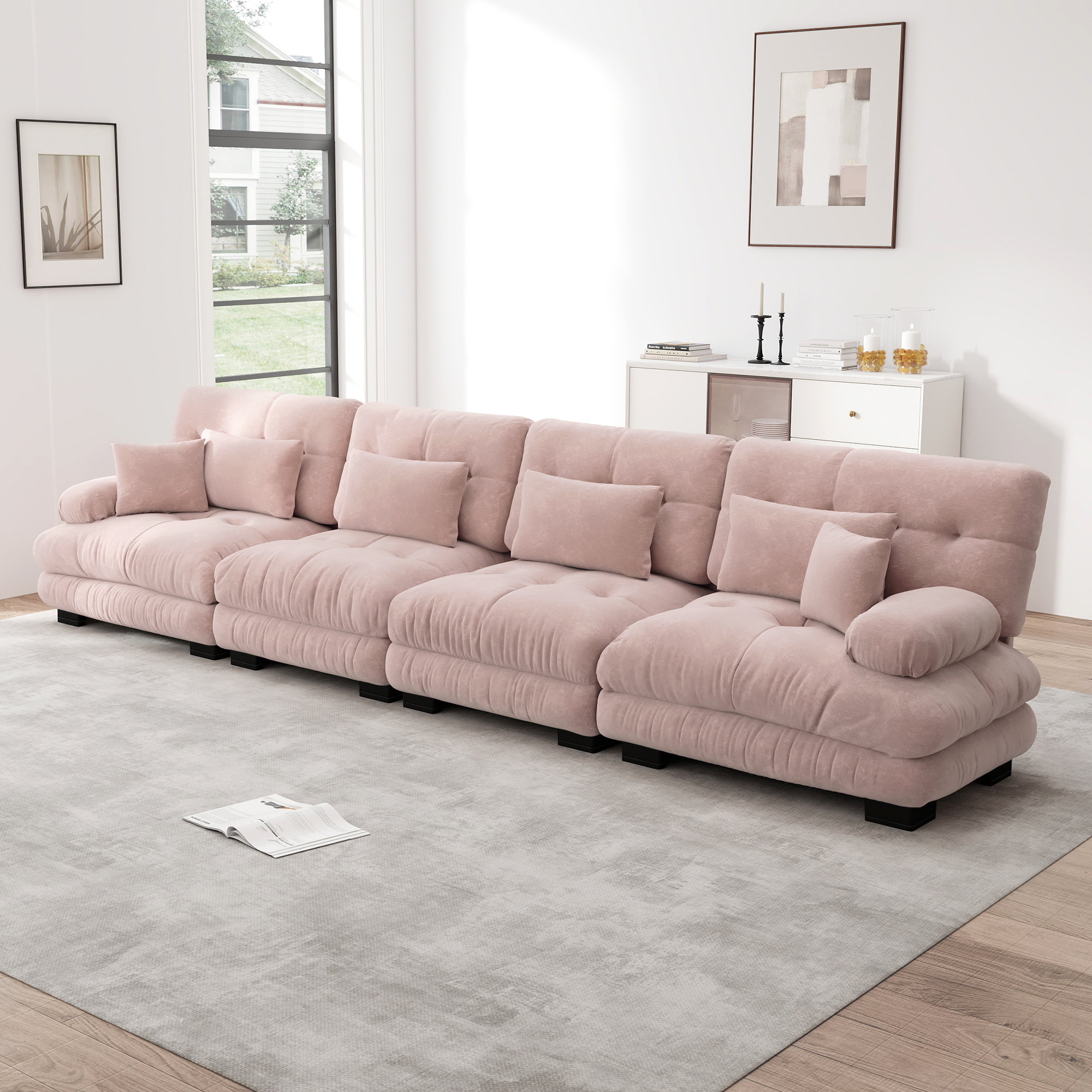 Canapé d'angle 4 places modulable avec LED intégrée et accoudoirs ronds rembourrés en chenille rose