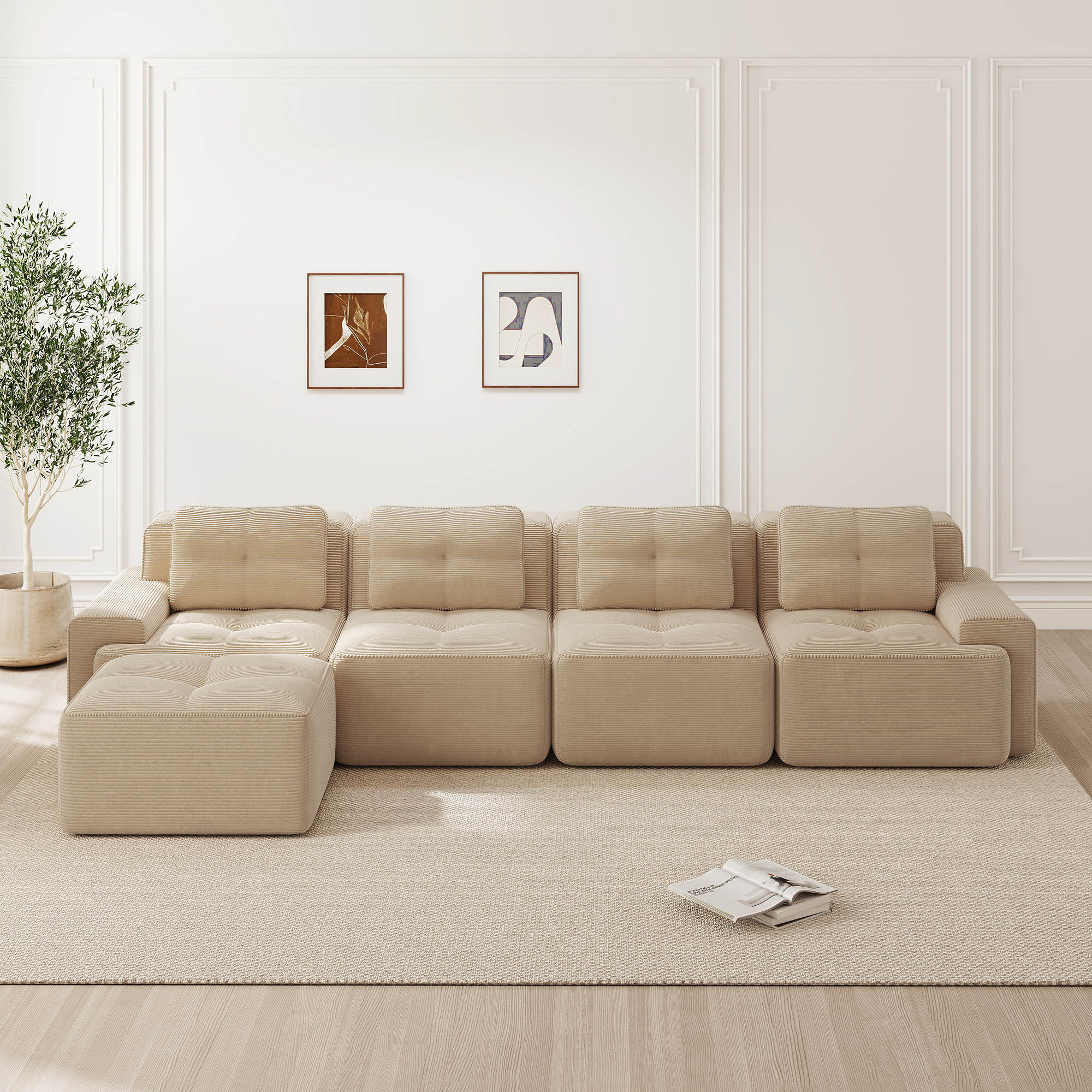 Canapé 4 places en velours côtelé beige avec dossier bas, assise profonde et accoudoirs larges