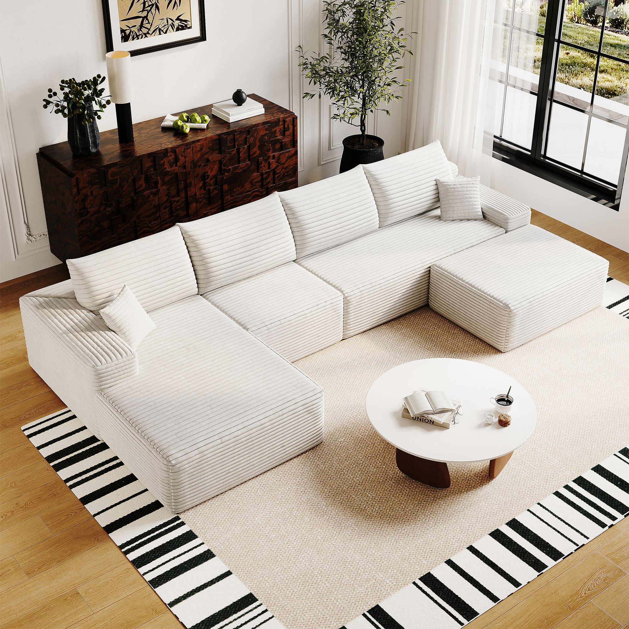 Canapé d'angle blanc 340cm sans montage, tissu velours côtelé, mousse haute densité, format L avec méridienne pour salon moderne