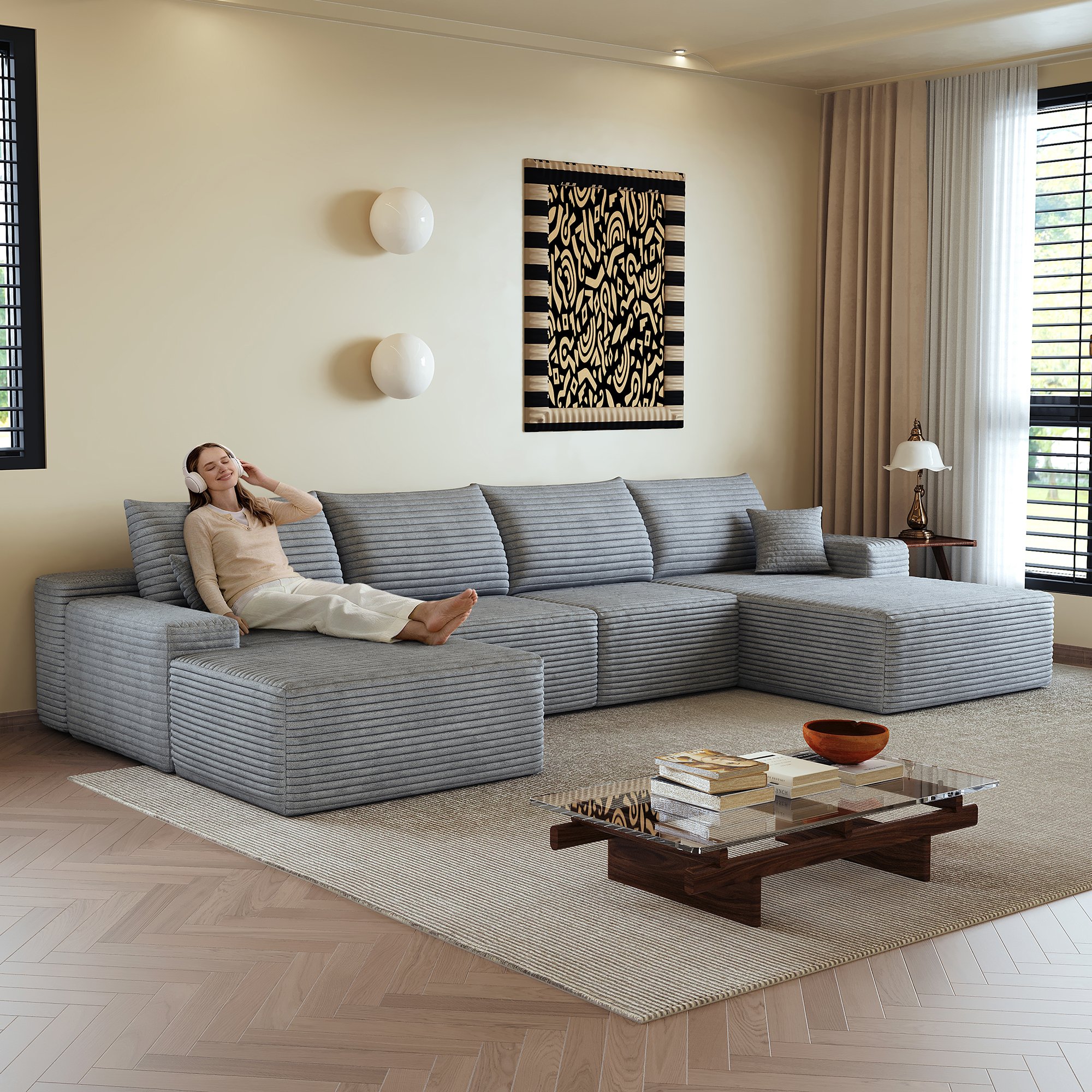 Canapé d'angle 340x175cm en tissu côtelé gris, structure modulaire avec méridienne, assise profonde et confort mousse haute densité pour salon moderne