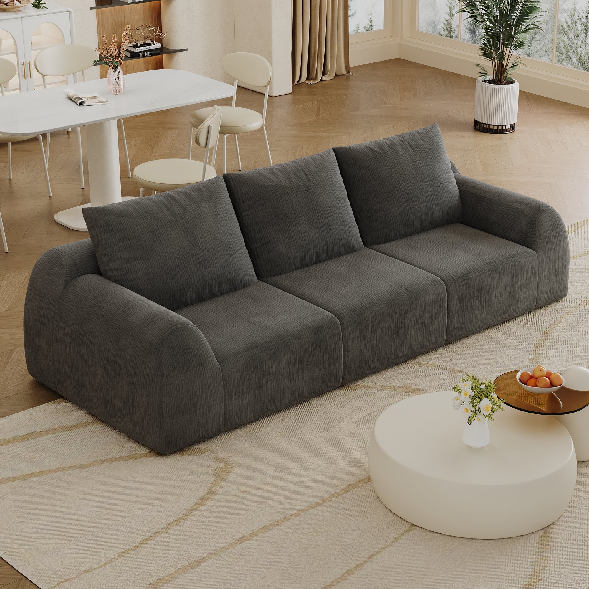 Canapé droit 257x95x85 cm en tissu chenille gris foncé, rembourrage mousse haute élasticité, sans montage requis pour salon et chambre