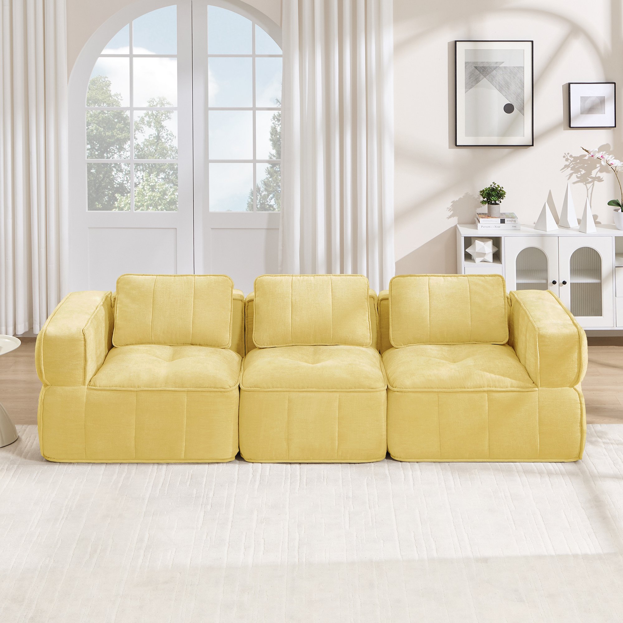 Canapé Modulable 3 Places Jaune en Tissu Polyester, Mousse Haute Densité 32D, Sans Structure et Anti-Dérapant pour Salon Moderne