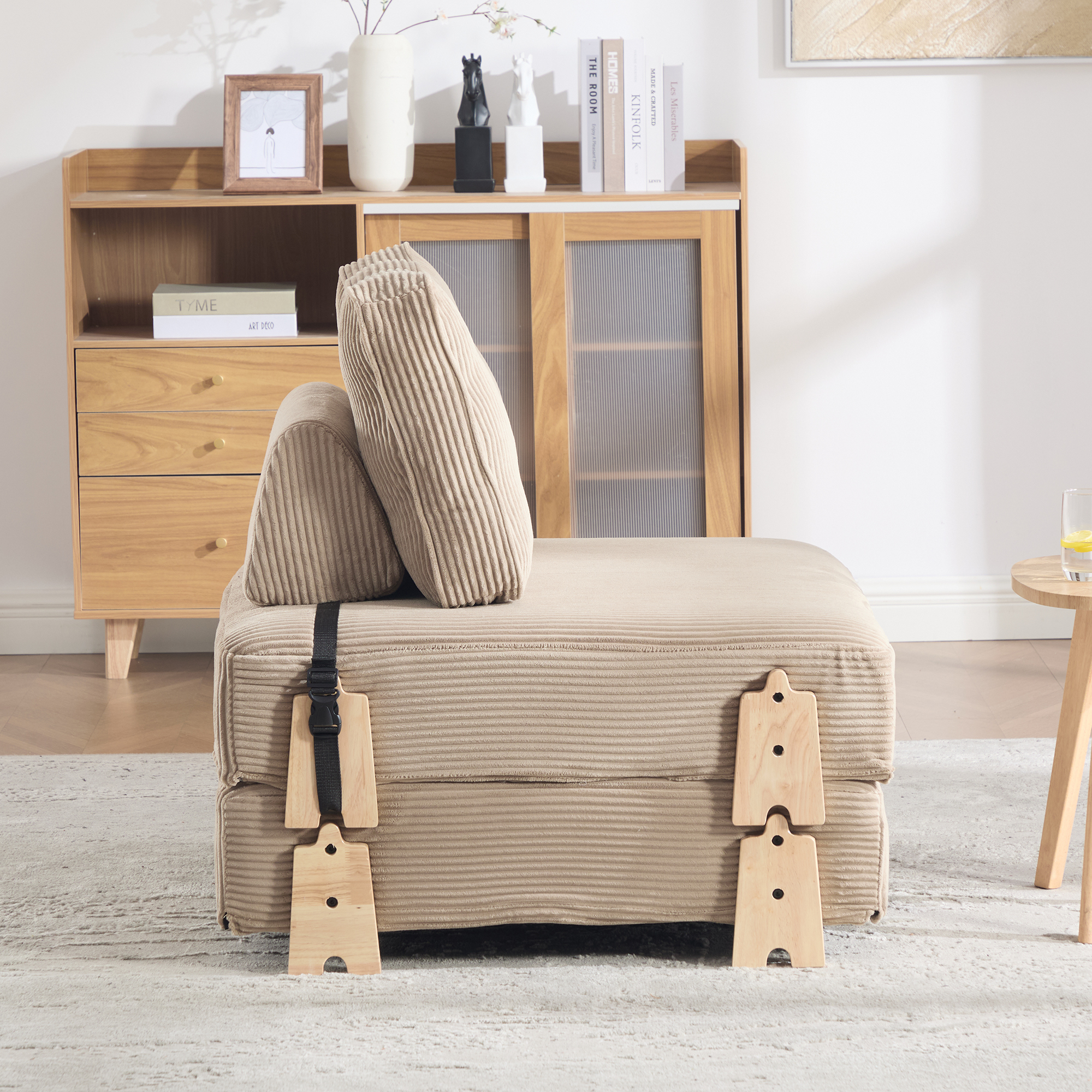 Lit rembourré en cord pour petit espace avec dossier ergonomique et structure en bois massif, convertible