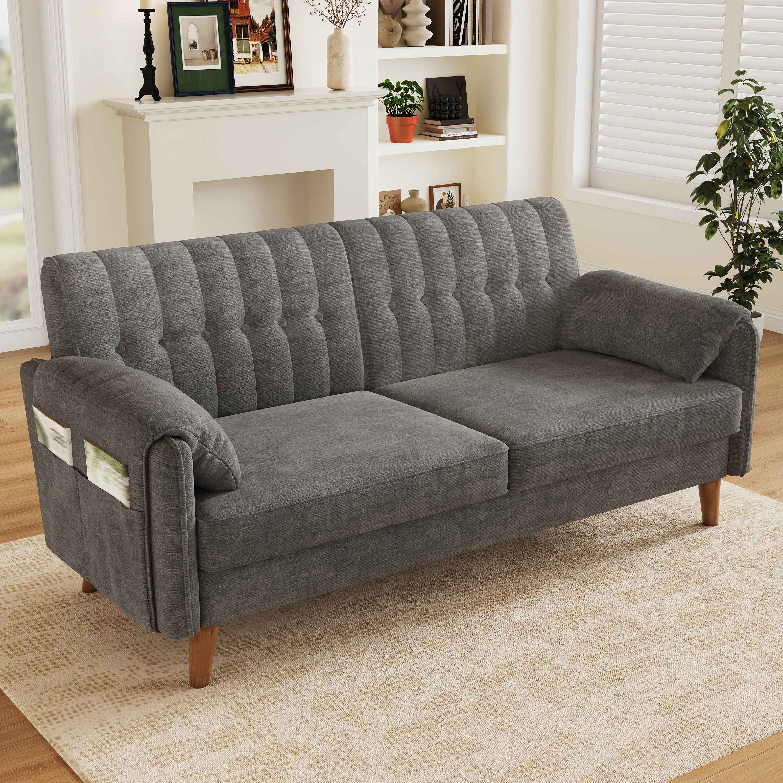 Canapé 2 places tissu chenille polyester, cadre fer et bois massif, coussins PP coton, design moderne compact pour chambre ou studio