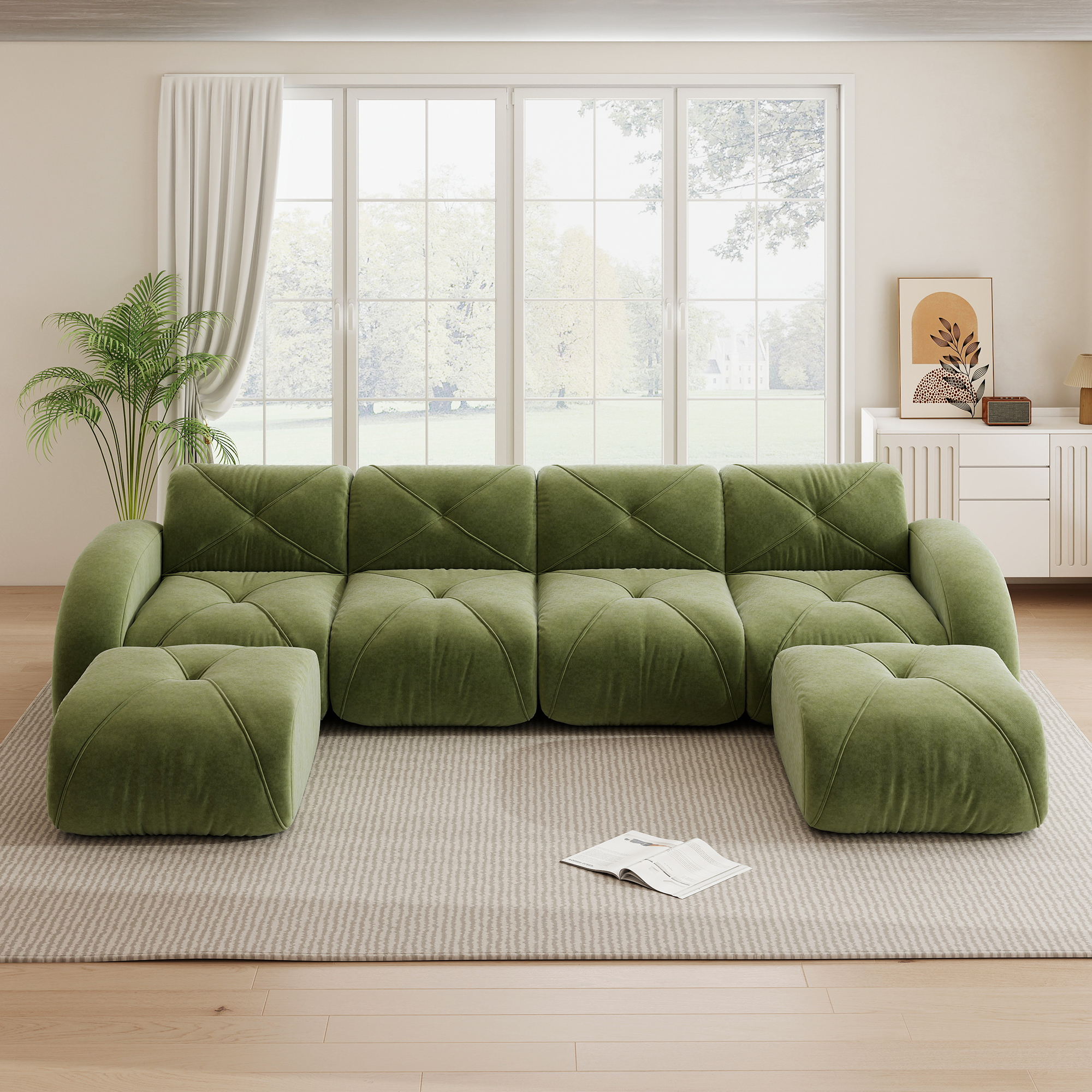 Canapé modulable 4 places revêtement Chenille doux, structure sans cadre robuste supportant 200kg, couleur vert salon
