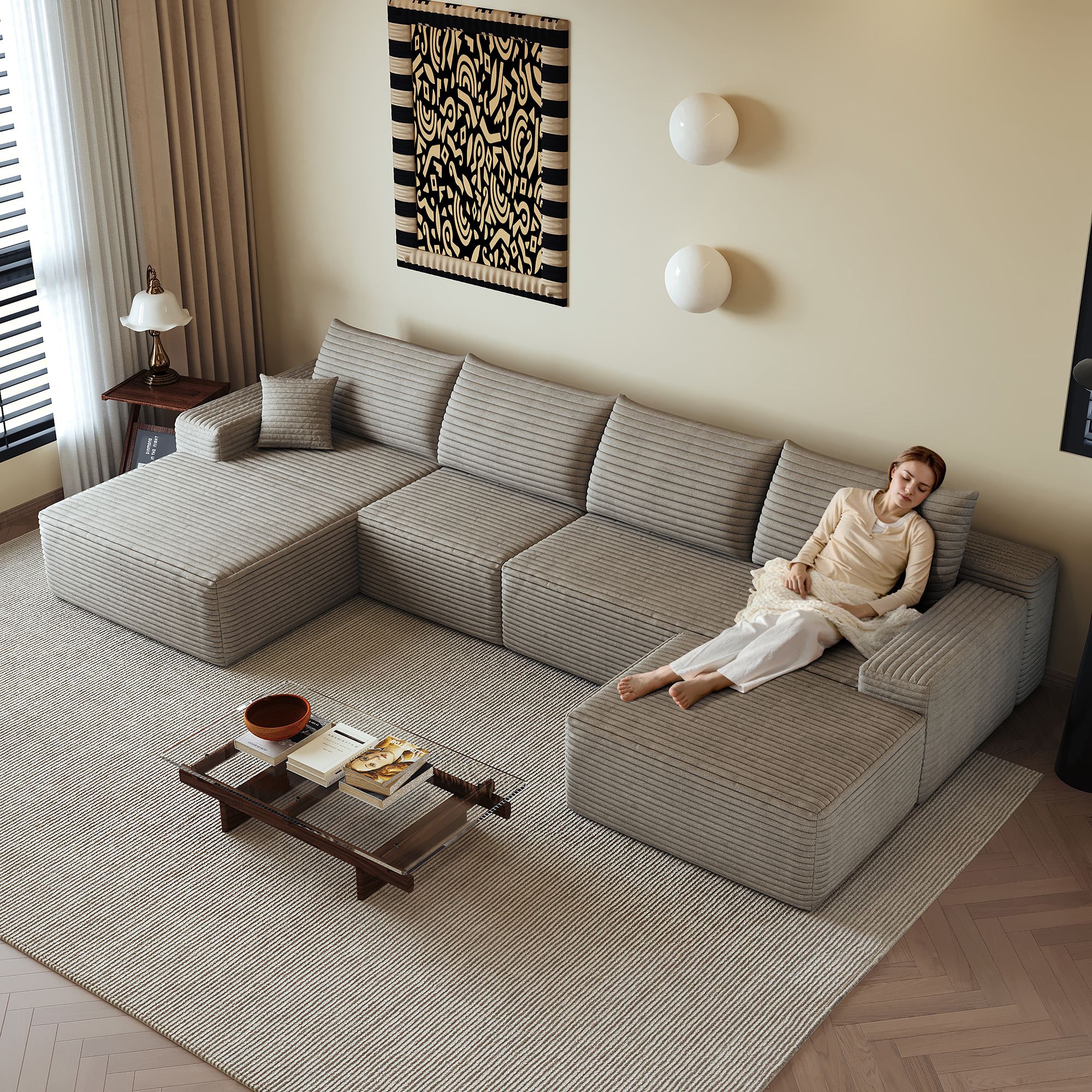 Canapé d'angle 340x175cm en velours côtelé camel, structure modulaire sans montage, assise profonde et mousse haute élasticité pour salon ou chambre