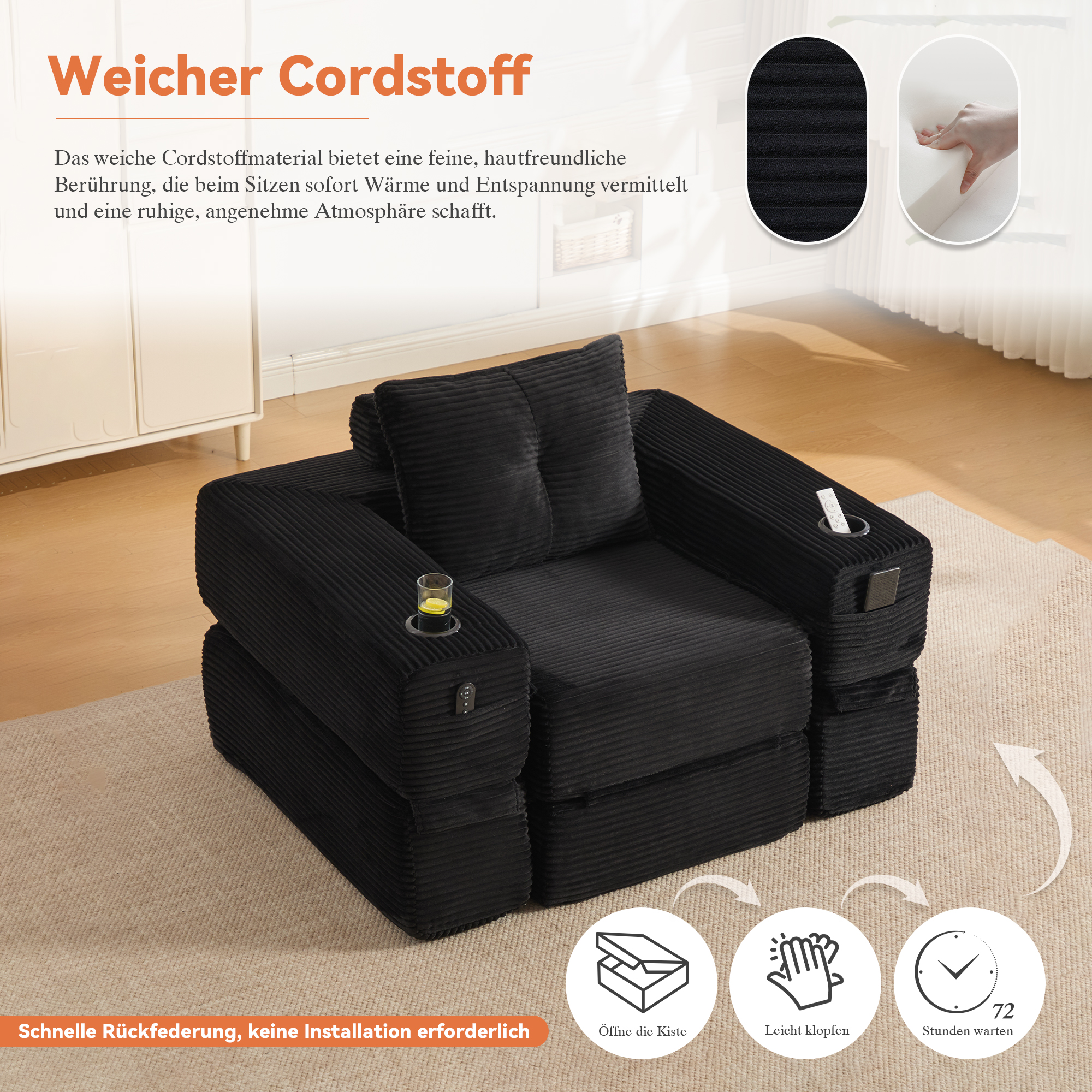 Canapé convertible compact en velours côtelé noir avec coussins à mémoire de forme et porte-gobelet