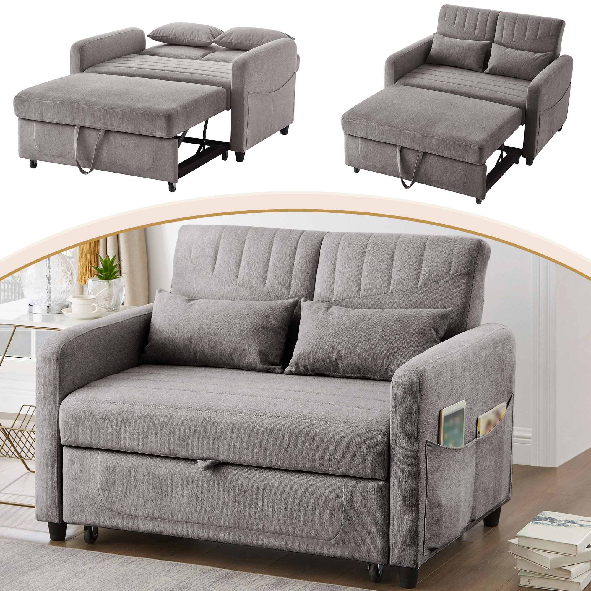 Canapé Convertible 2 Places Gris avec Tiroir de Rangement Intégré et Dossier Réglable sur 3 Positions pour Salon Moderne