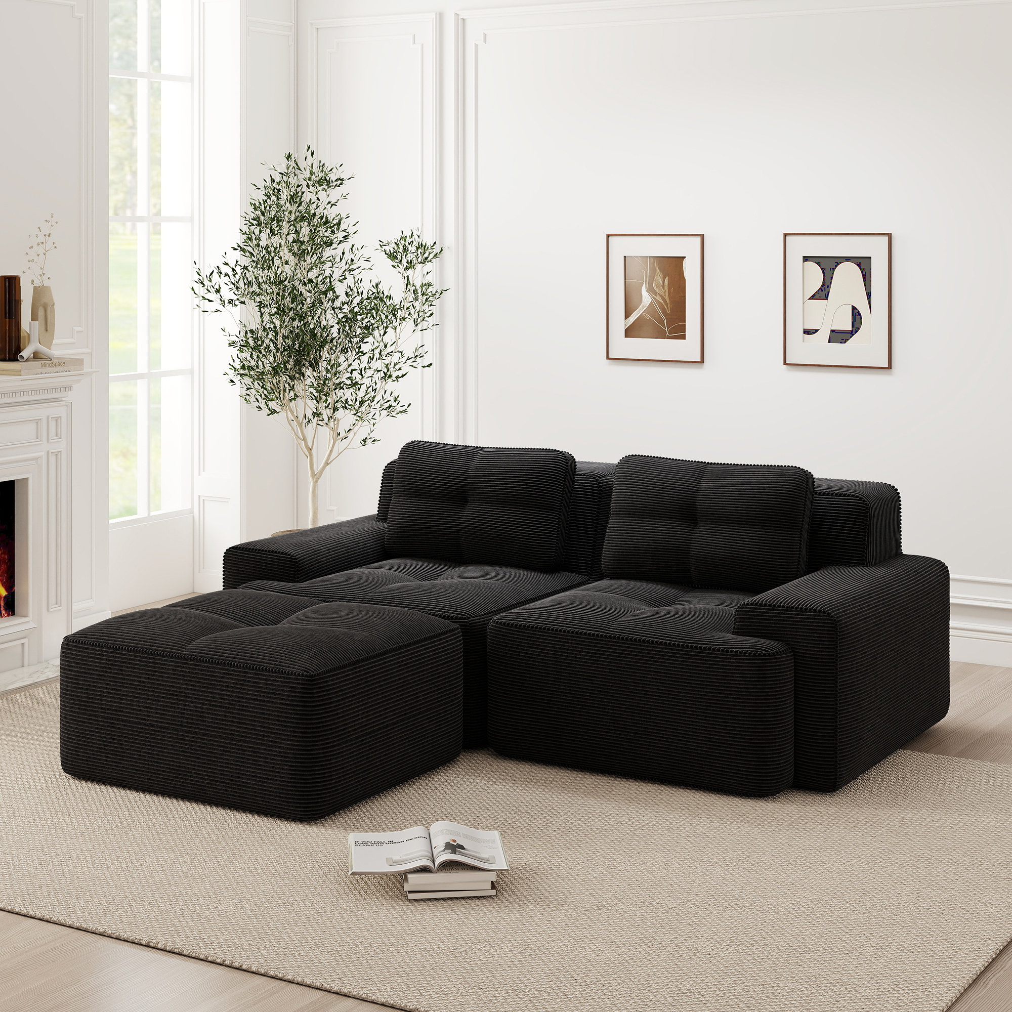Canapé modulable L 2 places 204x177x69 cm en velours côtelé noir avec ottoman et assise profonde