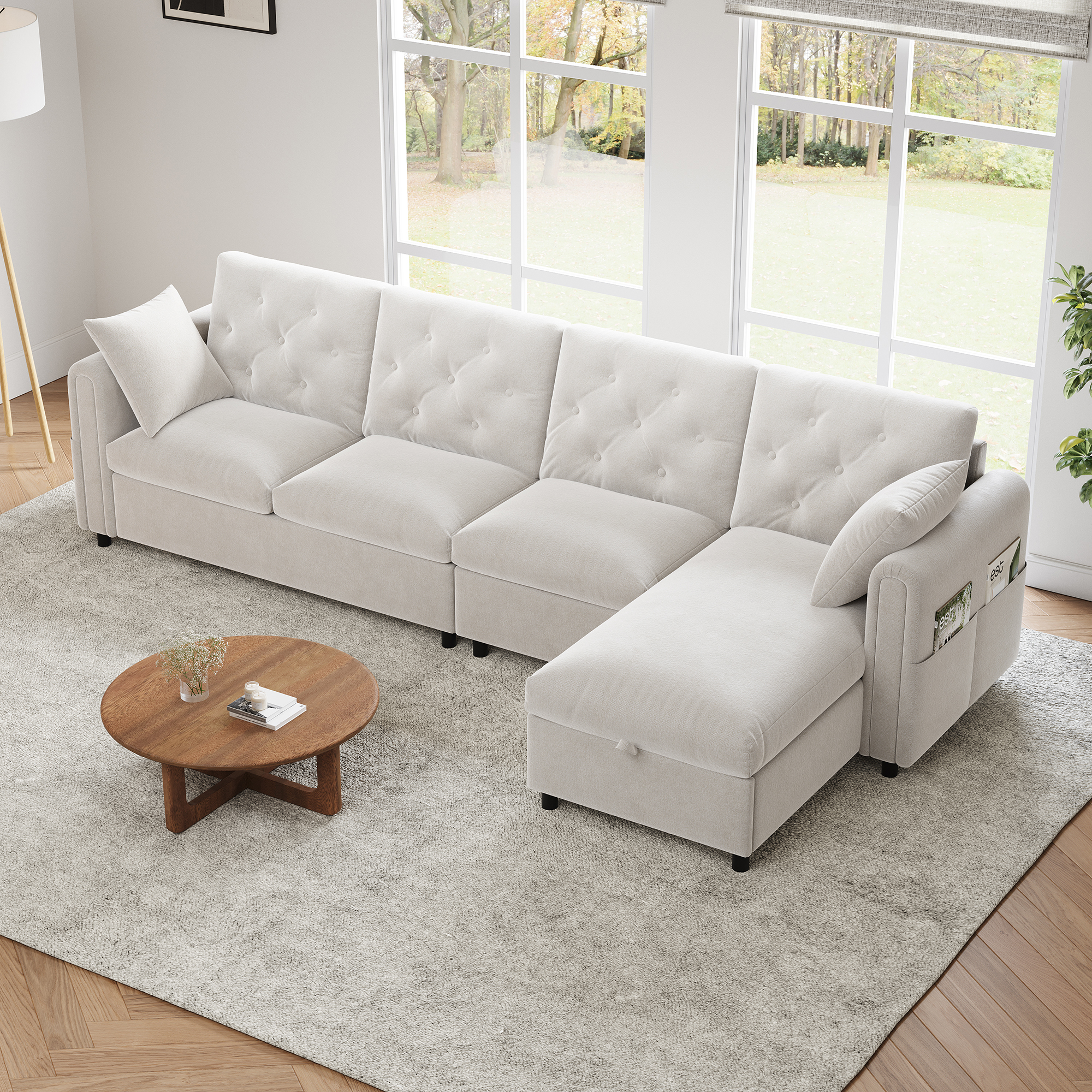 Canapé d'angle convertible beige en flanelle et polyester, structure métal et bois massif avec coffre